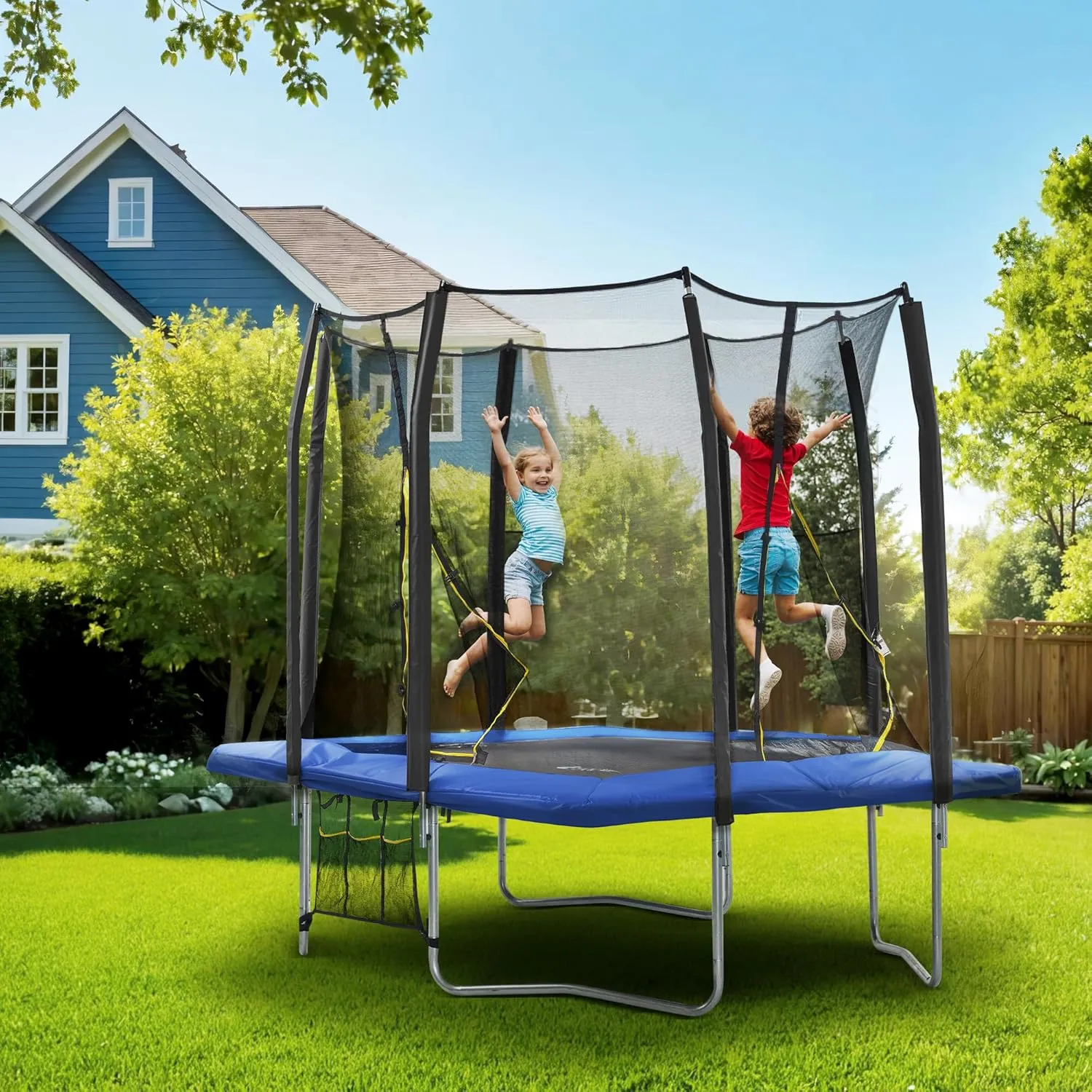 Exacme 7X10 8X12 9X14 Foot Rectangle Trampoline for Kids, Double Enclosure Openings, Small Outdoor Rectangular Trampoline with Enclosure Net, 4 Wind Stakes, Storage Bag, 330LB Capacity