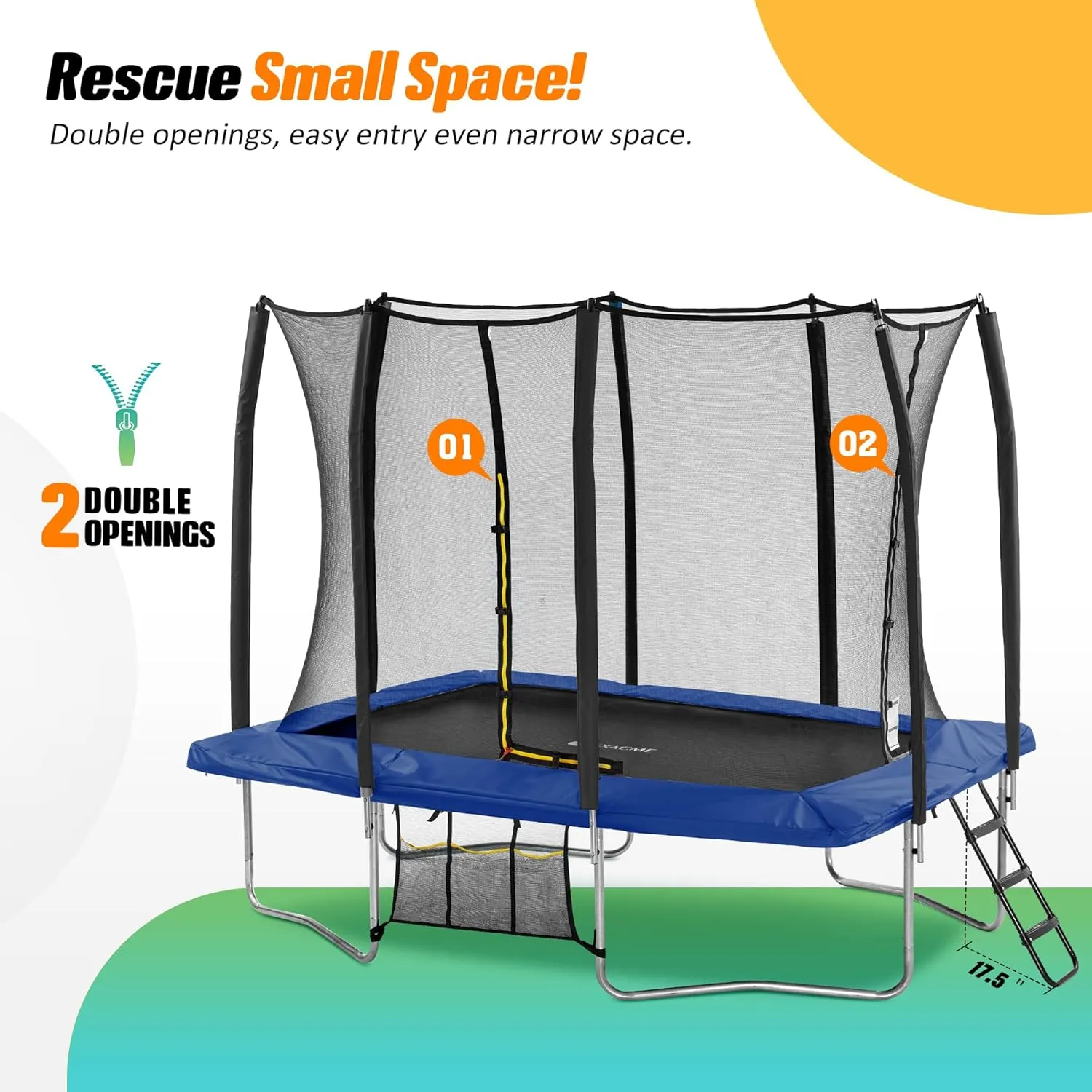 Exacme 7X10 8X12 9X14 Foot Rectangle Trampoline for Kids, Double Enclosure Openings, Small Outdoor Rectangular Trampoline with Enclosure Net, 4 Wind Stakes, Storage Bag, 330LB Capacity