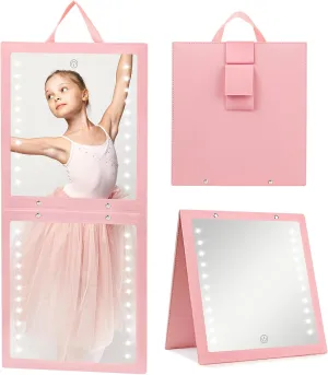 Fabuday Lighted Hanging Mirror for Dance Backstage - Rechargeable Folding LED Full Length Mirror with Lights for Dancers, Portable Foldable Travel Body Mirror, Brightness Adjustable, Pink