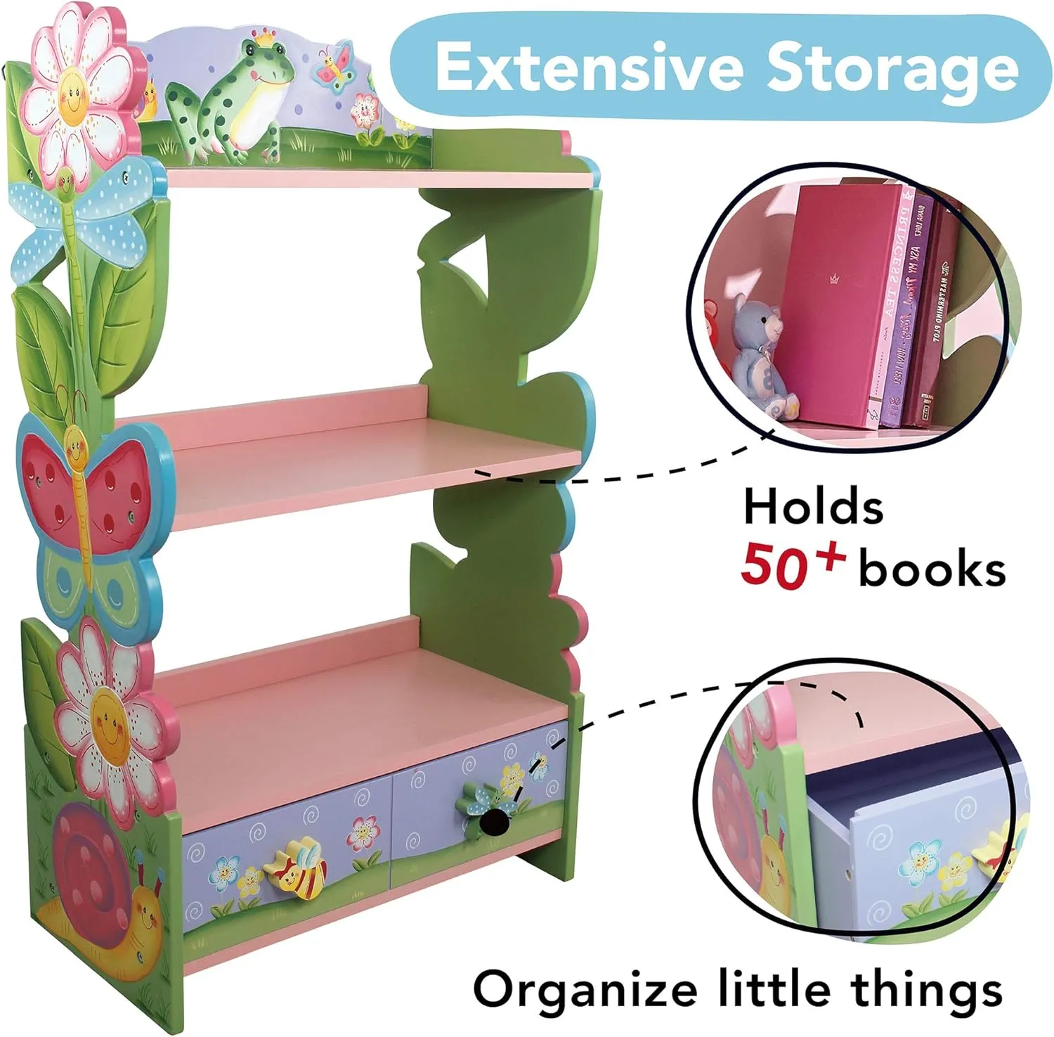 Fantasy Fields Magic Garden Multi-Tiered Wooden Children's Bookshelf and Storage Drawers, Multicolor