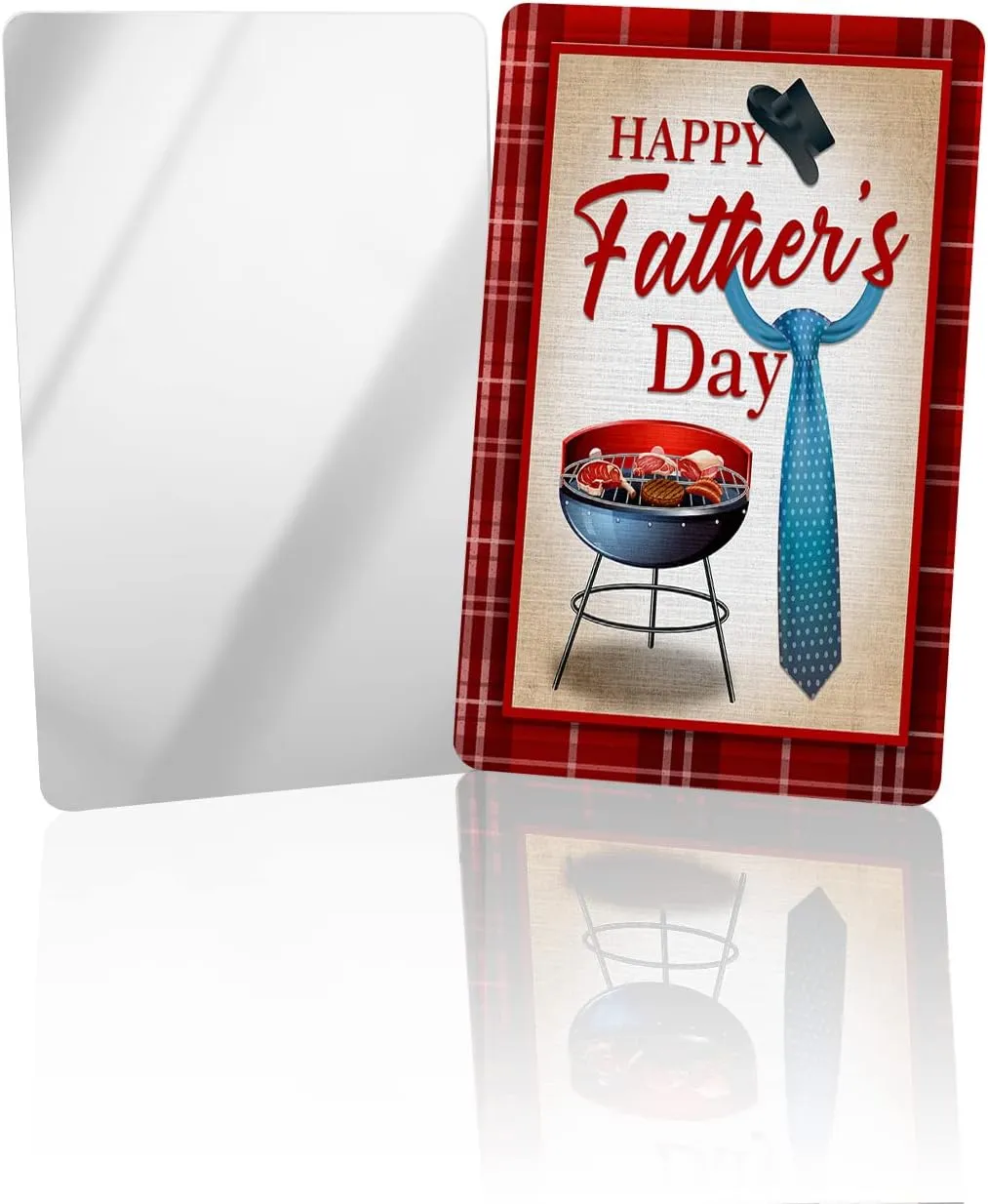 Father's Day Forest Barbecue Tie Small Compact Mirror for Purse, Red Line Buffalo Checker Travel Makeup Mirror for Women Men, Rectangular Handheld Compact Pocket Mirror 1 PCS