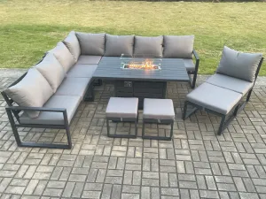 Fimous Aluminium Lounge Corner Sofa Outdoor Garden Furniture Sets Gas Fire Pit Dining Table Sets with 3 Footstools Dark Grey