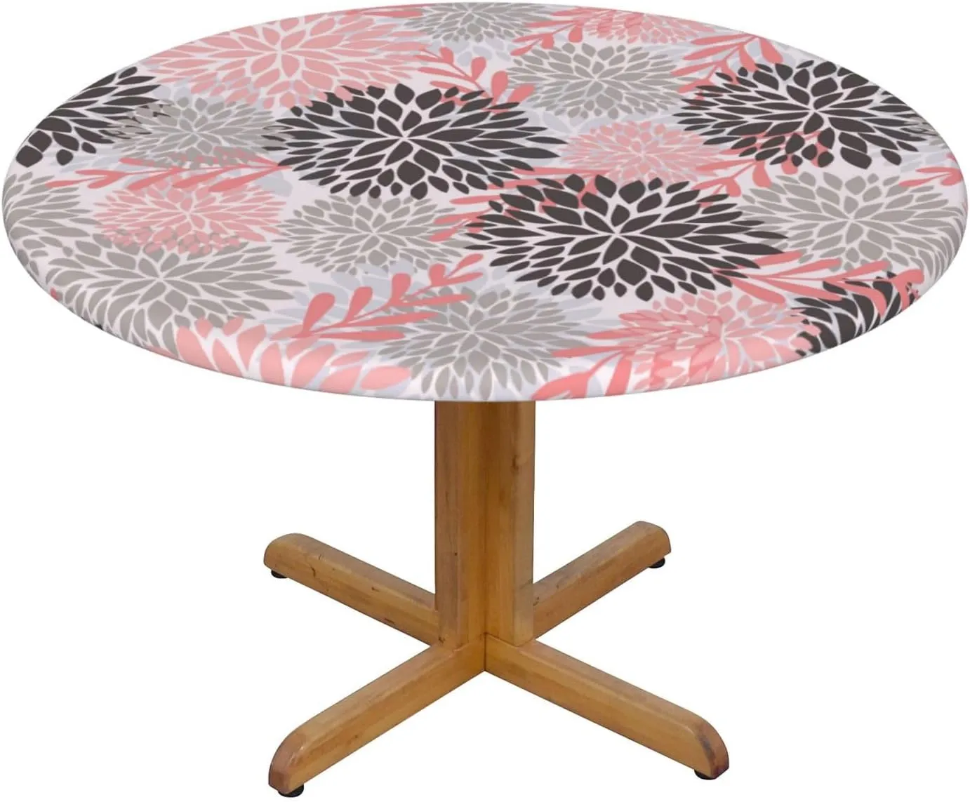 Fiokroo Pink Black and Grey Chrysanyhemum Flowers Tablecloth with Elastic Edge, Table Cloth Daisy Floral Washable Reusable Table Cover for Kitchen Dining Party Picnic, Small (Suitable for 40-44 in)