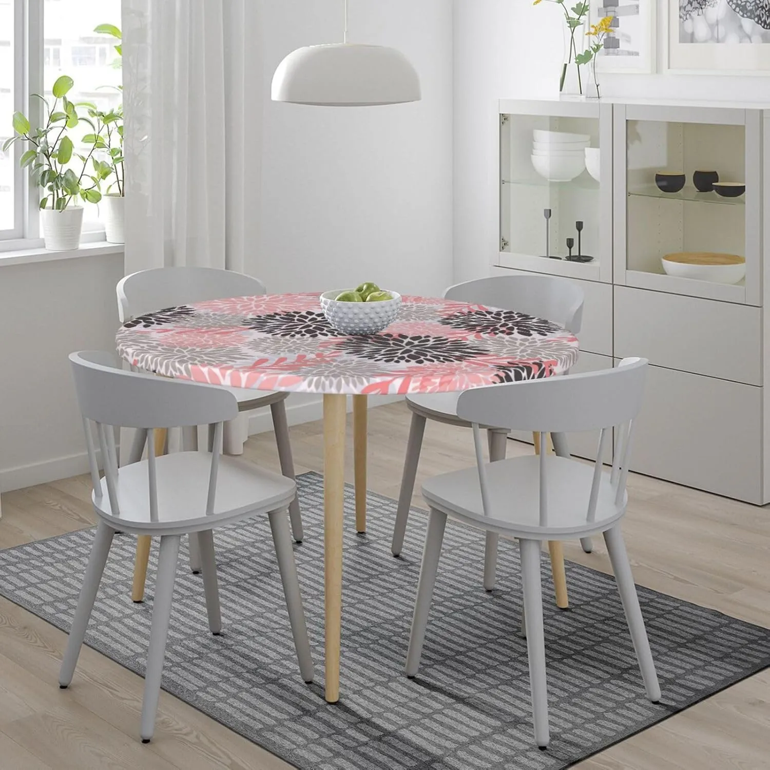 Fiokroo Pink Black and Grey Chrysanyhemum Flowers Tablecloth with Elastic Edge, Table Cloth Daisy Floral Washable Reusable Table Cover for Kitchen Dining Party Picnic, Small (Suitable for 40-44 in)