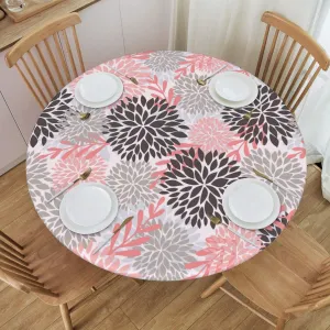 Fiokroo Pink Black and Grey Chrysanyhemum Flowers Tablecloth with Elastic Edge, Table Cloth Daisy Floral Washable Reusable Table Cover for Kitchen Dining Party Picnic, Small (Suitable for 40-44 in)