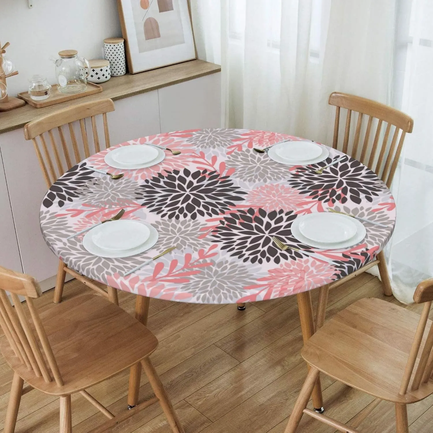 Fiokroo Pink Black and Grey Chrysanyhemum Flowers Tablecloth with Elastic Edge, Table Cloth Daisy Floral Washable Reusable Table Cover for Kitchen Dining Party Picnic, Small (Suitable for 40-44 in)