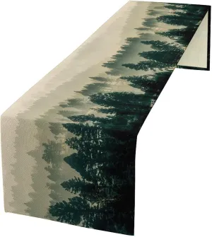 Foggy Forest Table Runner, Misty Green Forest Natural Landscape Pine Larch Trees Mist Mountain Dinner Table Decoration for Home Kitchen Dining Dining Table Decoration 13"x70"