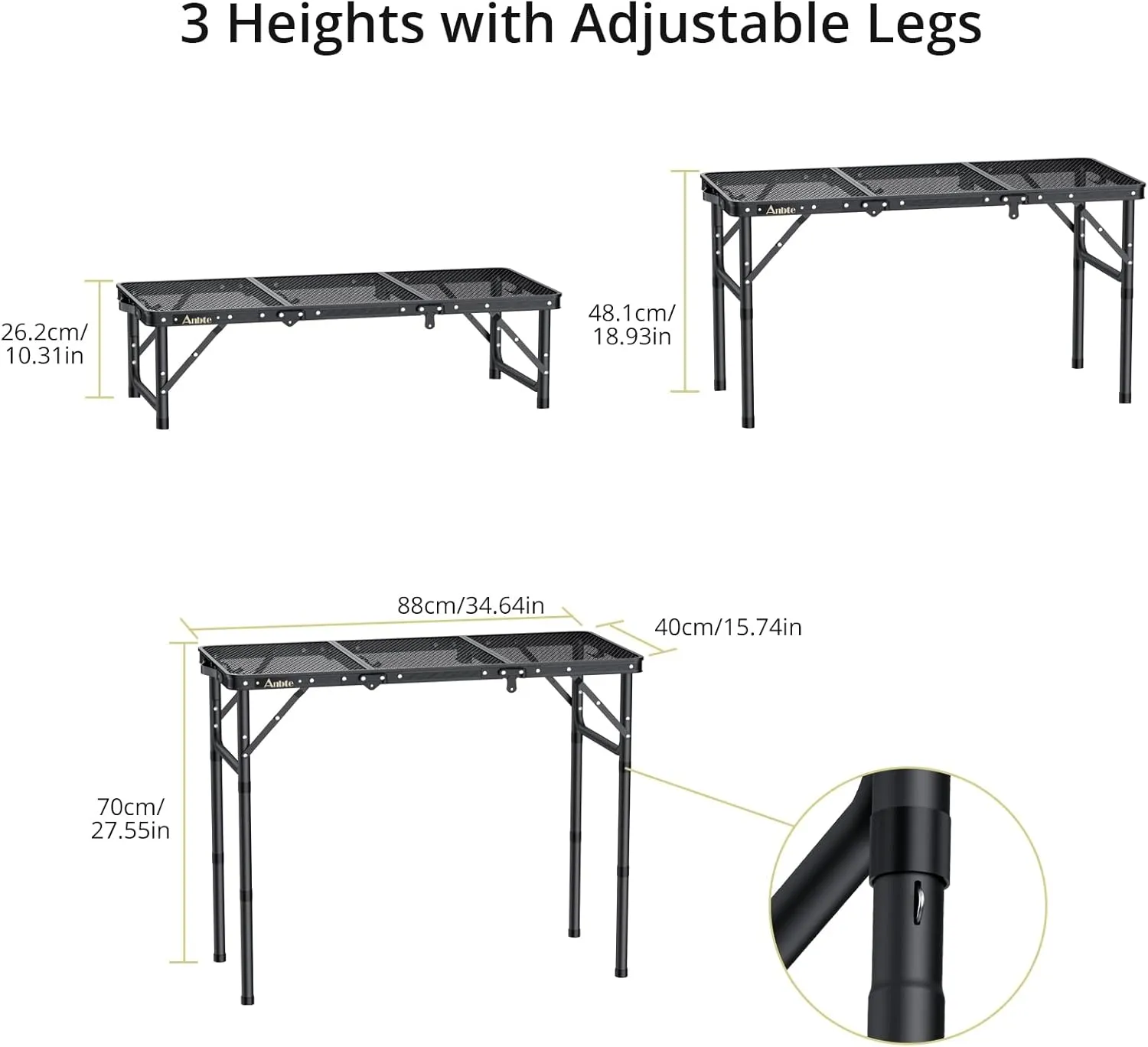 Folding Grill Table, Aluminum Camping Table Adjustable Height Max 27.5" Picnic Table Outdoor Table, Lightweight, Portable Handle for Travel Cooking BBQ Picnic, 35" x 16", Black