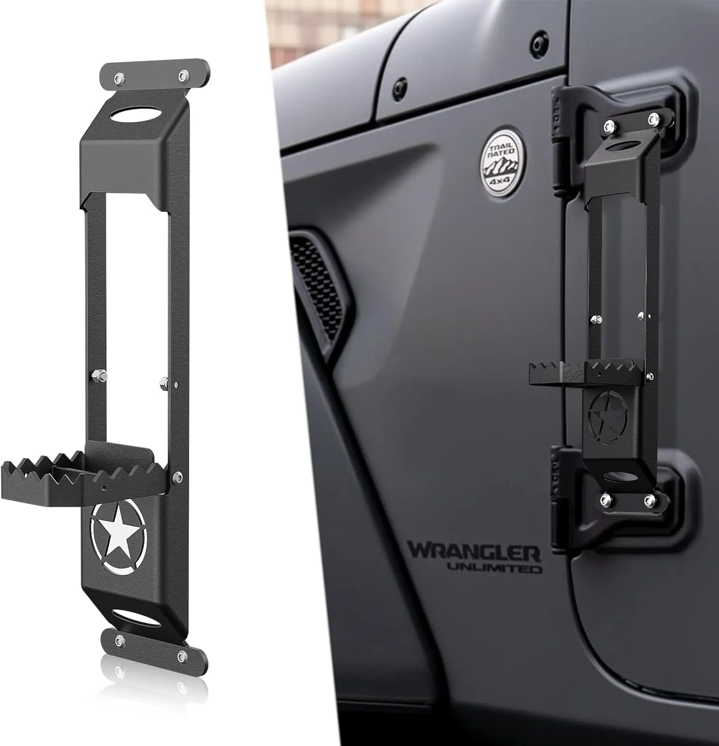 for JK JL JT Hinge Step Foldable Foot Pedal with Bottle Opener Compatible with 2007-2024 Jeep Wrangler JK JL JKU JLU Unlimited & Gladiator JT 2/4 Doors, Star Sign Door Foot Step Accessories