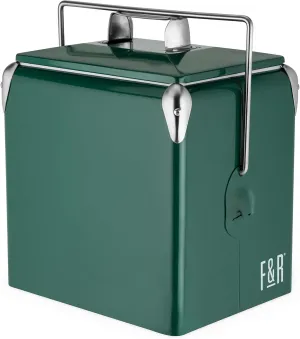 Foster & Rye Stainless Steel Retro Cooler, Vintage Metal cooler, Antique Beverage Chiller and Ice Chest, Plastic Lined Drink Chest, Mounted Bottle Opener, Holds a 6-pack, Green