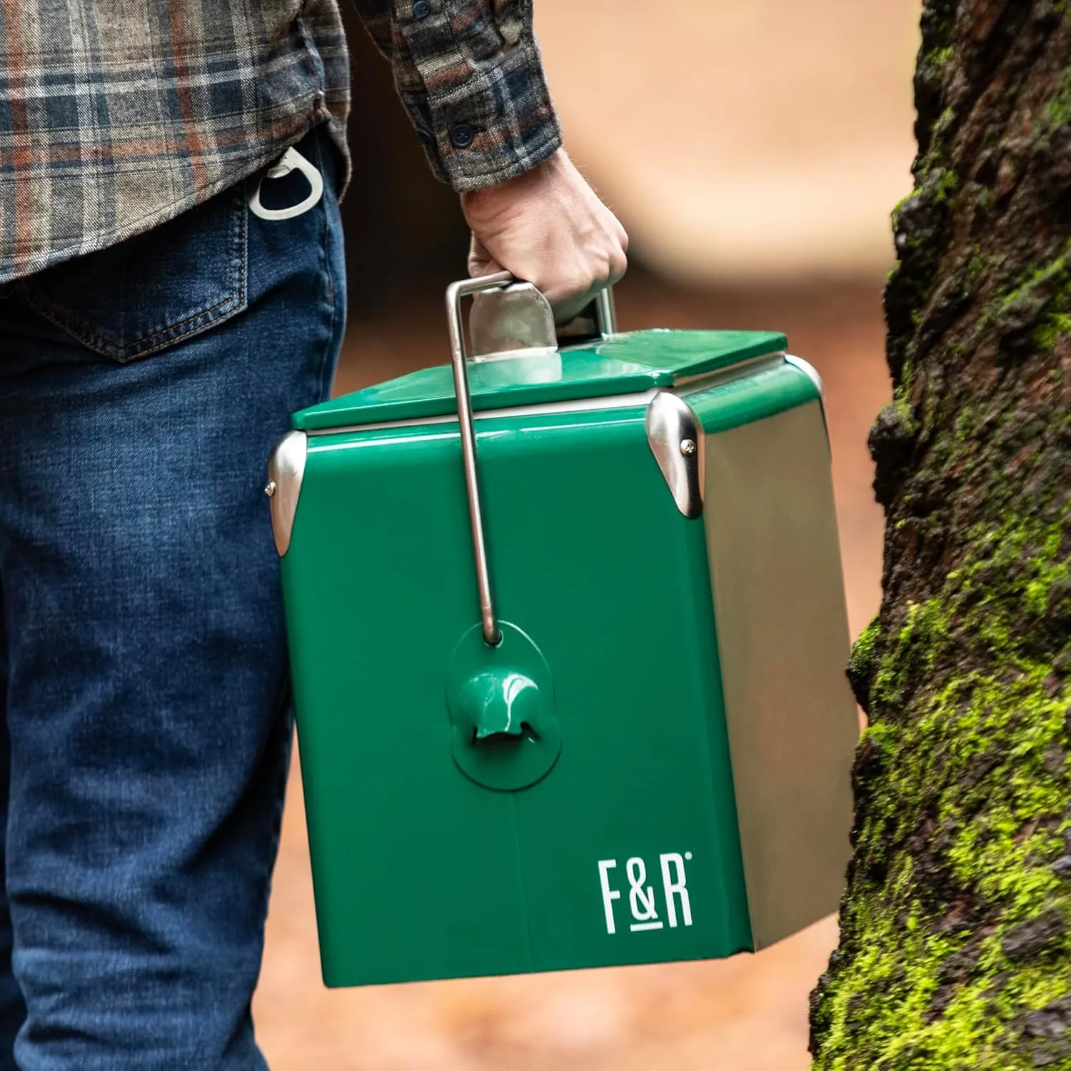 Foster & Rye Stainless Steel Retro Cooler, Vintage Metal cooler, Antique Beverage Chiller and Ice Chest, Plastic Lined Drink Chest, Mounted Bottle Opener, Holds a 6-pack, Green