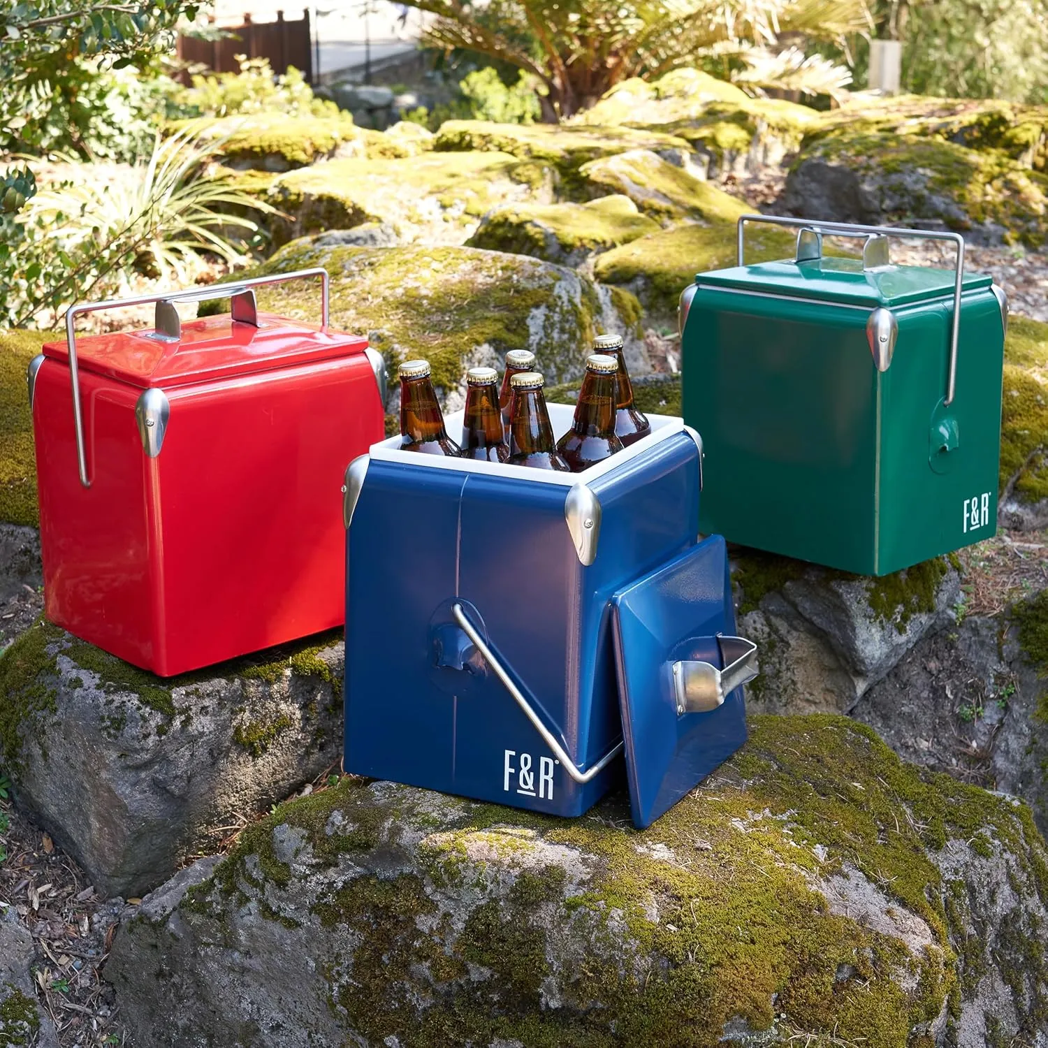 Foster & Rye Stainless Steel Retro Cooler, Vintage Metal cooler, Antique Beverage Chiller and Ice Chest, Plastic Lined Drink Chest, Mounted Bottle Opener, Holds a 6-pack, Green
