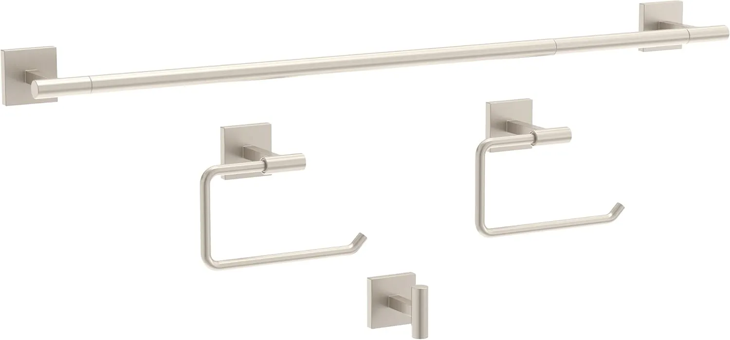 Franklin Brass Nash (4-Pack) Bathroom Set Satin Nickel 18" Towel Bar w/ 6" Extender, Toilet Paper Holder, Hand Towel Holder, Hook | Bathroom Accessory Set Towel Holder Hardware Set NASH64-BN