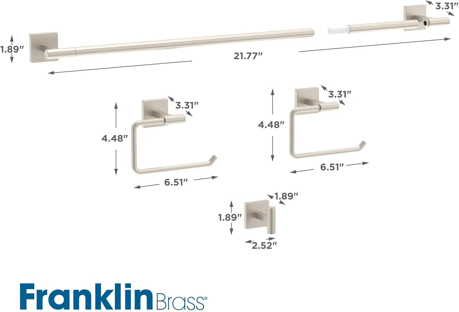 Franklin Brass Nash (4-Pack) Bathroom Set Satin Nickel 18" Towel Bar w/ 6" Extender, Toilet Paper Holder, Hand Towel Holder, Hook | Bathroom Accessory Set Towel Holder Hardware Set NASH64-BN