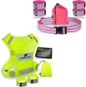 FREEMOVE Reflective Vest; size Small with 2x Bands & Carry Bag   Reflective Belt with 4X Bands & Carry Bag - PINK