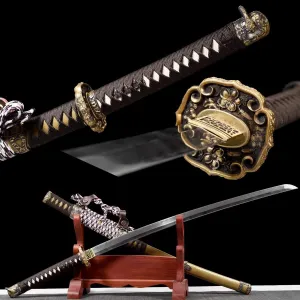 Full Tang Handmade Makino Tachi Folded Damascus Steel Clay-Tempered Blade Japanese Samurai Katana Brown Saya