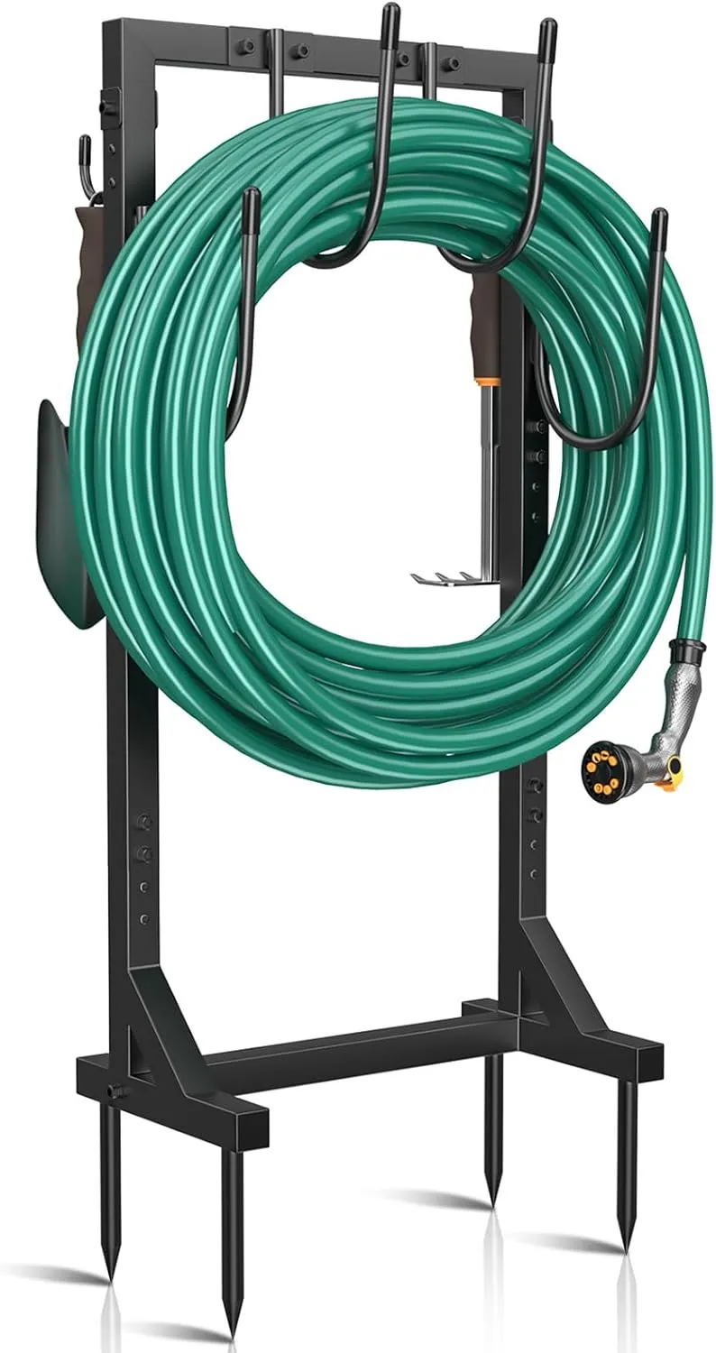 Garden Hose Holder Water Hose Holder with 4 Spikes, Freestanding Hose Hanger Outdoor Hold Stand Heavy Duty 6 Hooks Metal Garden Hose Storage Hose Reel Rack for Outside (Black)