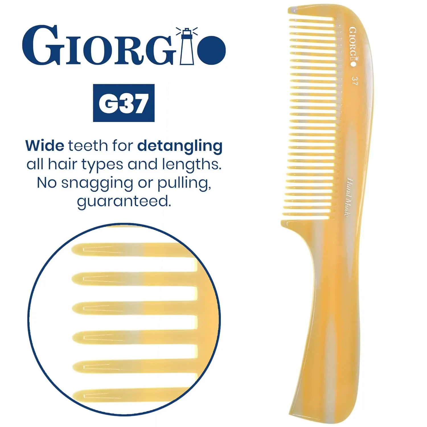 Giorgio G37 Large Coarse Detangler Comb, Wide Teeth for Thick, Curly, or Wavy Hair – For Wet and Dry Use, Handmade Rake Saw-Cut from Polished Cellulose Imitation Horn