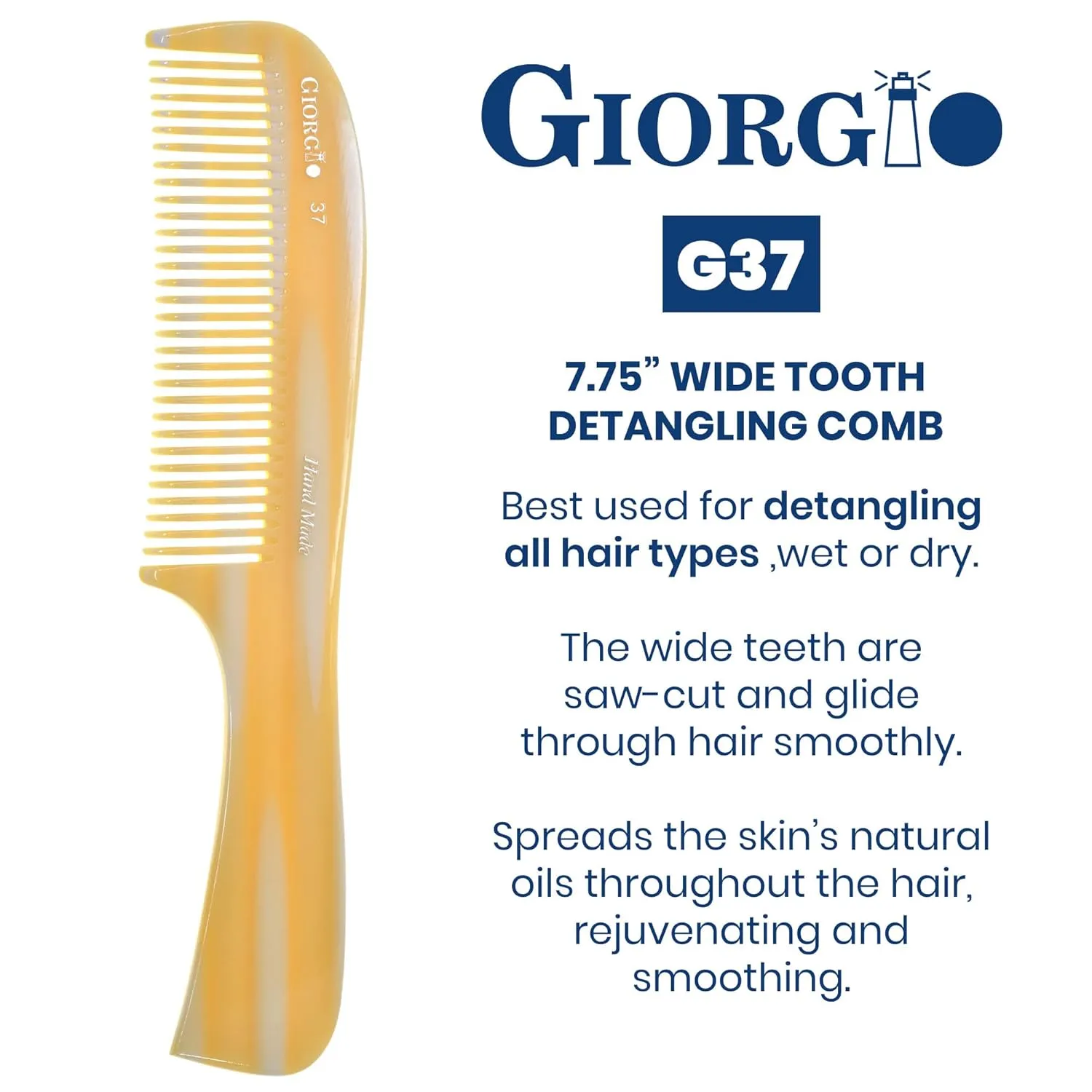 Giorgio G37 Large Coarse Detangler Comb, Wide Teeth for Thick, Curly, or Wavy Hair – For Wet and Dry Use, Handmade Rake Saw-Cut from Polished Cellulose Imitation Horn