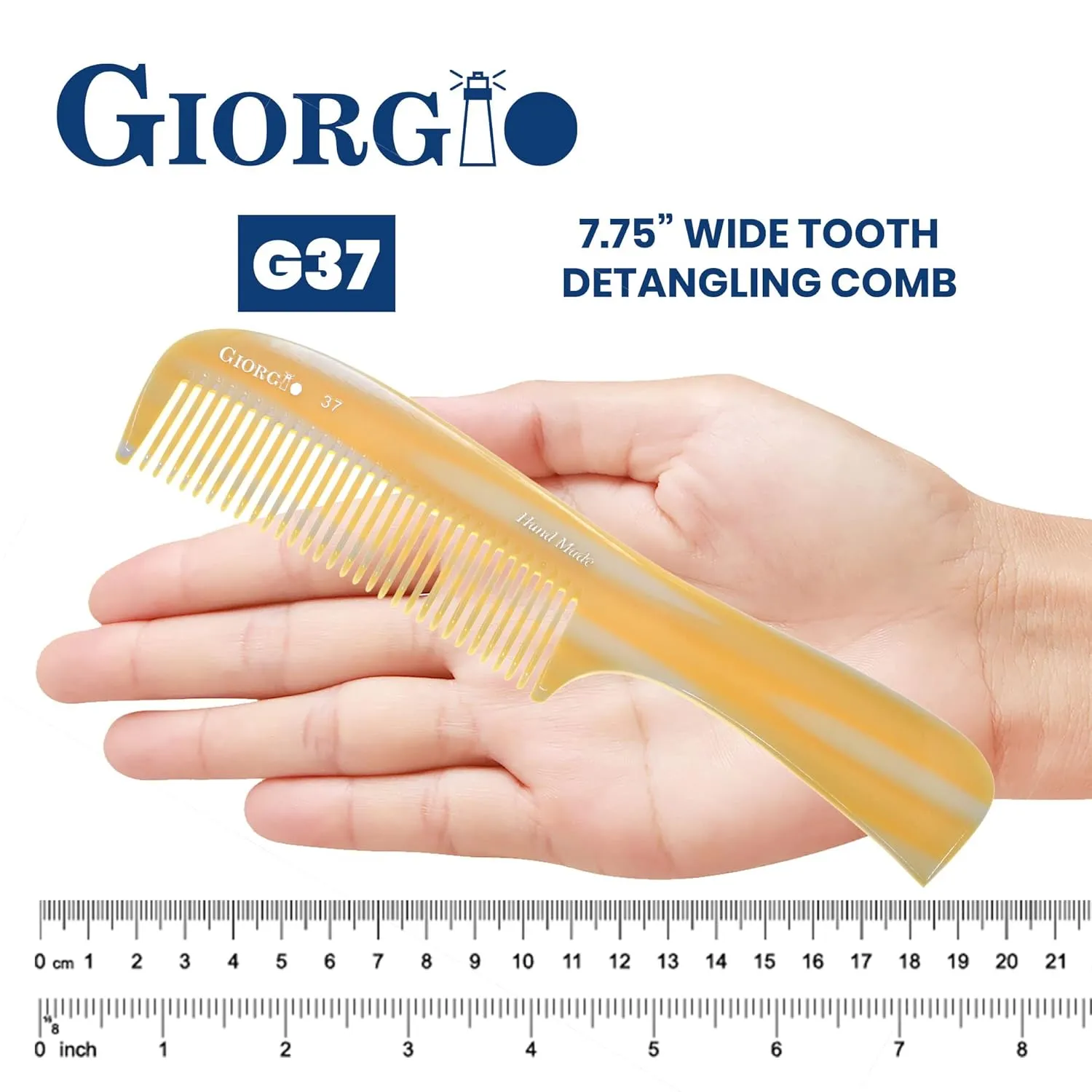 Giorgio G37 Large Coarse Detangler Comb, Wide Teeth for Thick, Curly, or Wavy Hair – For Wet and Dry Use, Handmade Rake Saw-Cut from Polished Cellulose Imitation Horn