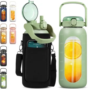 Glass Water Bottles 64 oz - Half Gallon Water Bottle with Straw Phone Holder Handle Time Marker and Silicone Sleeve, Large Motivational Water Jug with Carrier Bag for Daily Intake Gym Pastel