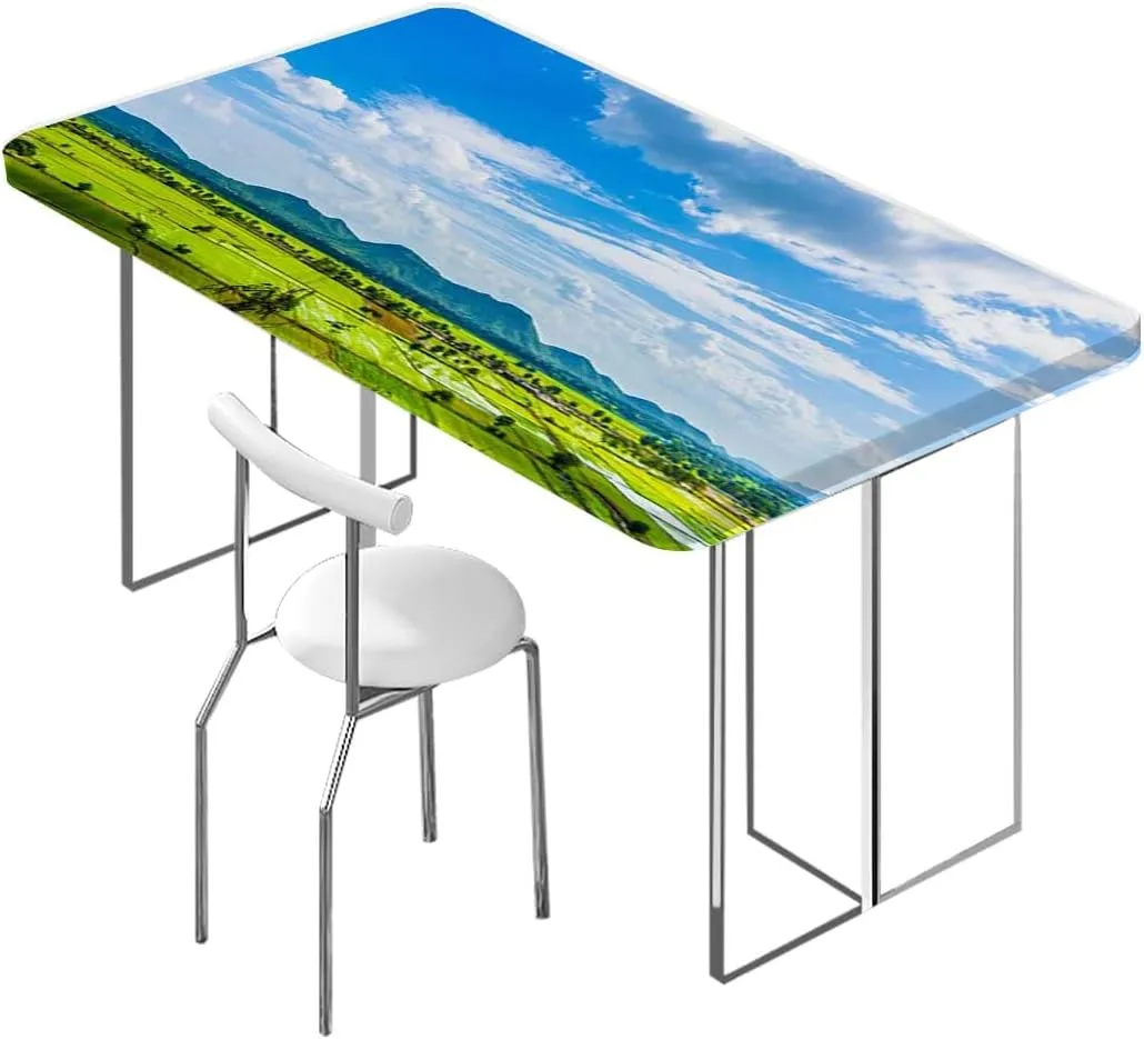 Green Blue Elastic Fitted Picnic Table Cover Spring Alpine Meadow Waterproof Wipeable Table Covers for Indoor, Outdoor,for 4 Foot Tables Agriculture Landscape