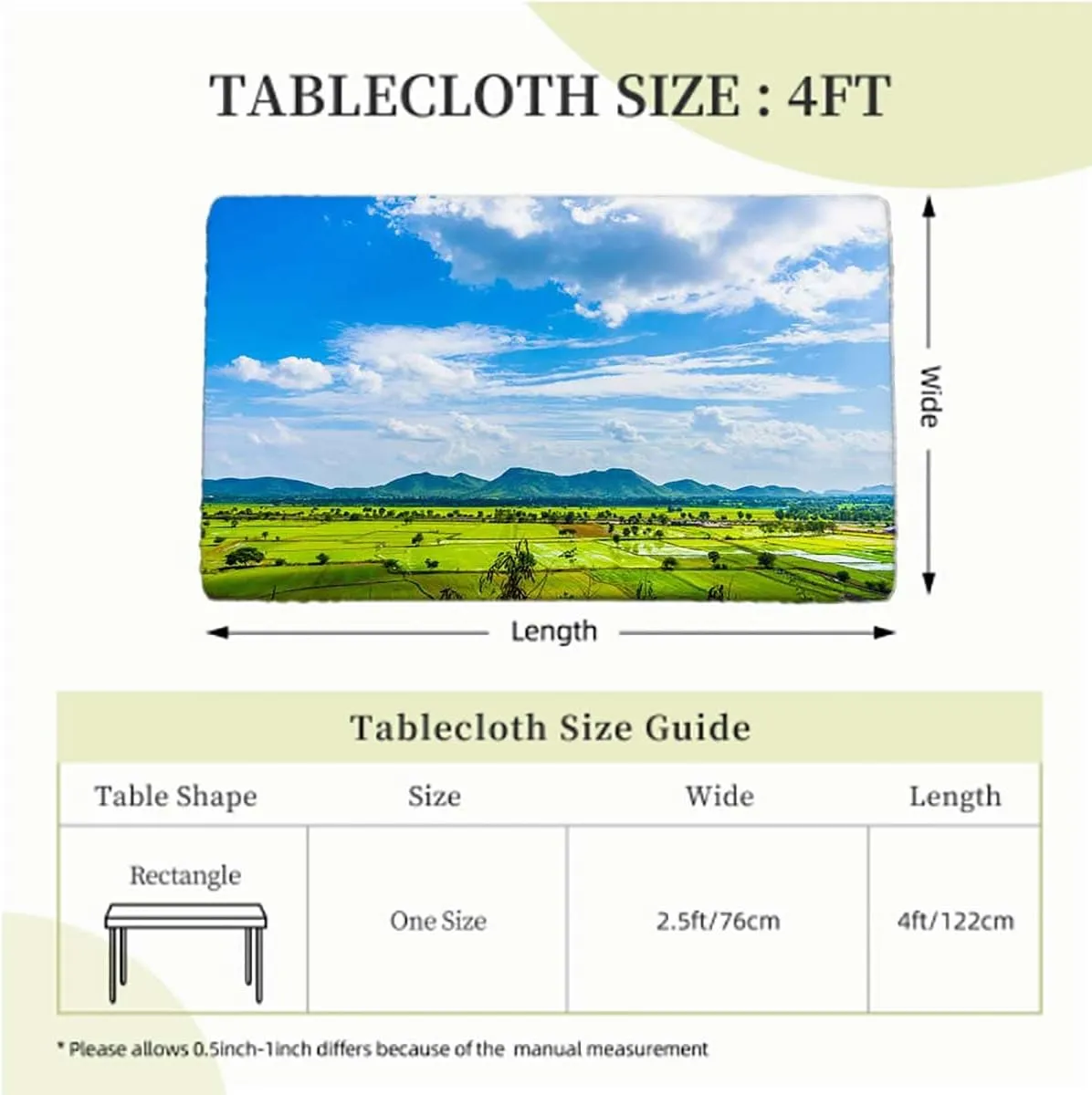 Green Blue Elastic Fitted Picnic Table Cover Spring Alpine Meadow Waterproof Wipeable Table Covers for Indoor, Outdoor,for 4 Foot Tables Agriculture Landscape