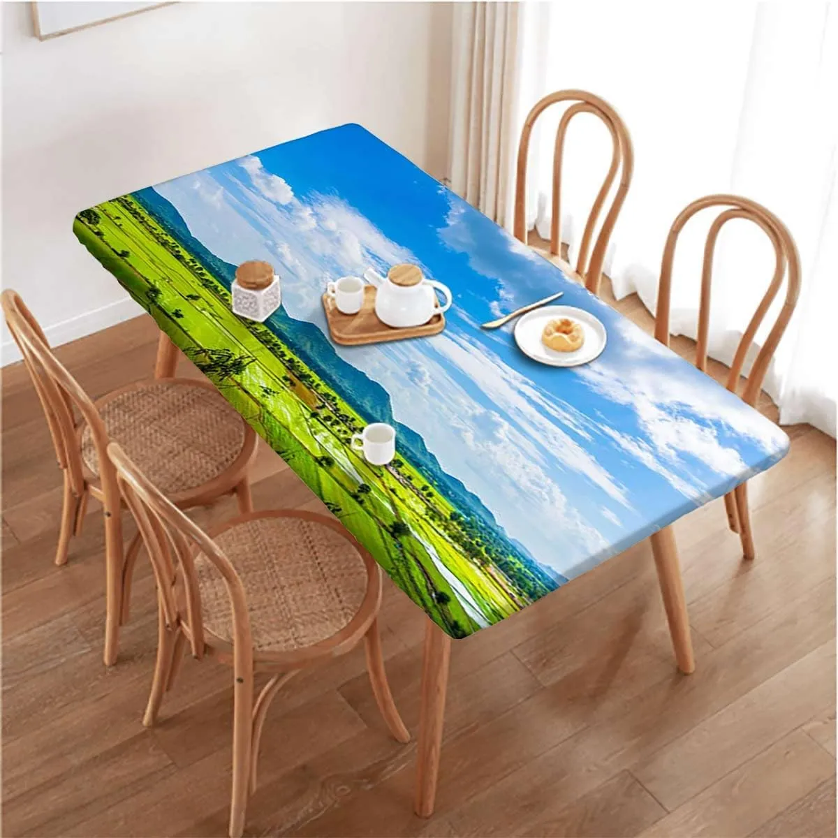 Green Blue Elastic Fitted Picnic Table Cover Spring Alpine Meadow Waterproof Wipeable Table Covers for Indoor, Outdoor,for 4 Foot Tables Agriculture Landscape