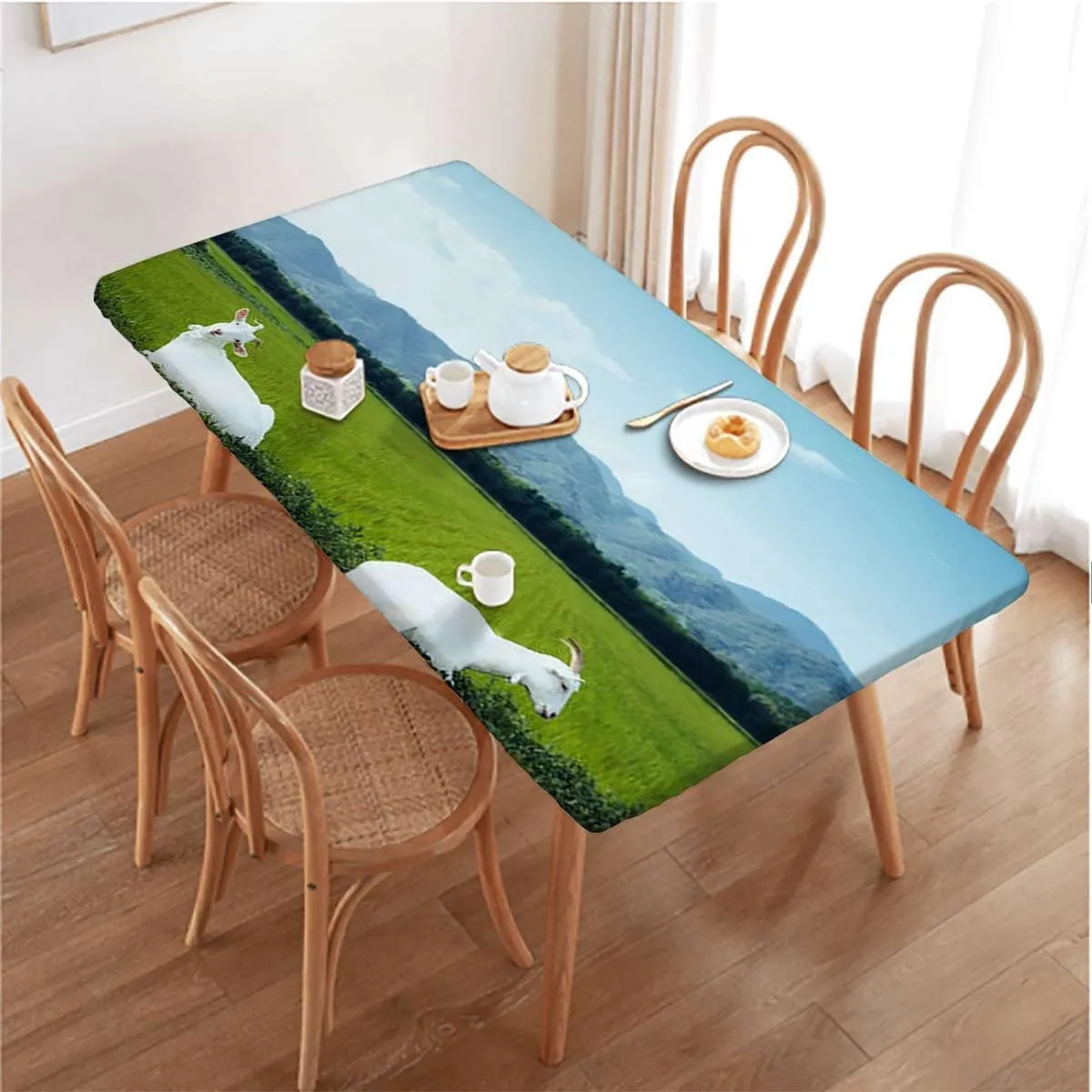 Green Blue Rectangular Table Covers, Spring Alpine Meadow Elastic Edged Table Cover for Farm Kitchen Dining Picnic Coffee Patio Decor Agriculture Landscape Fits up 4 Foot Tables