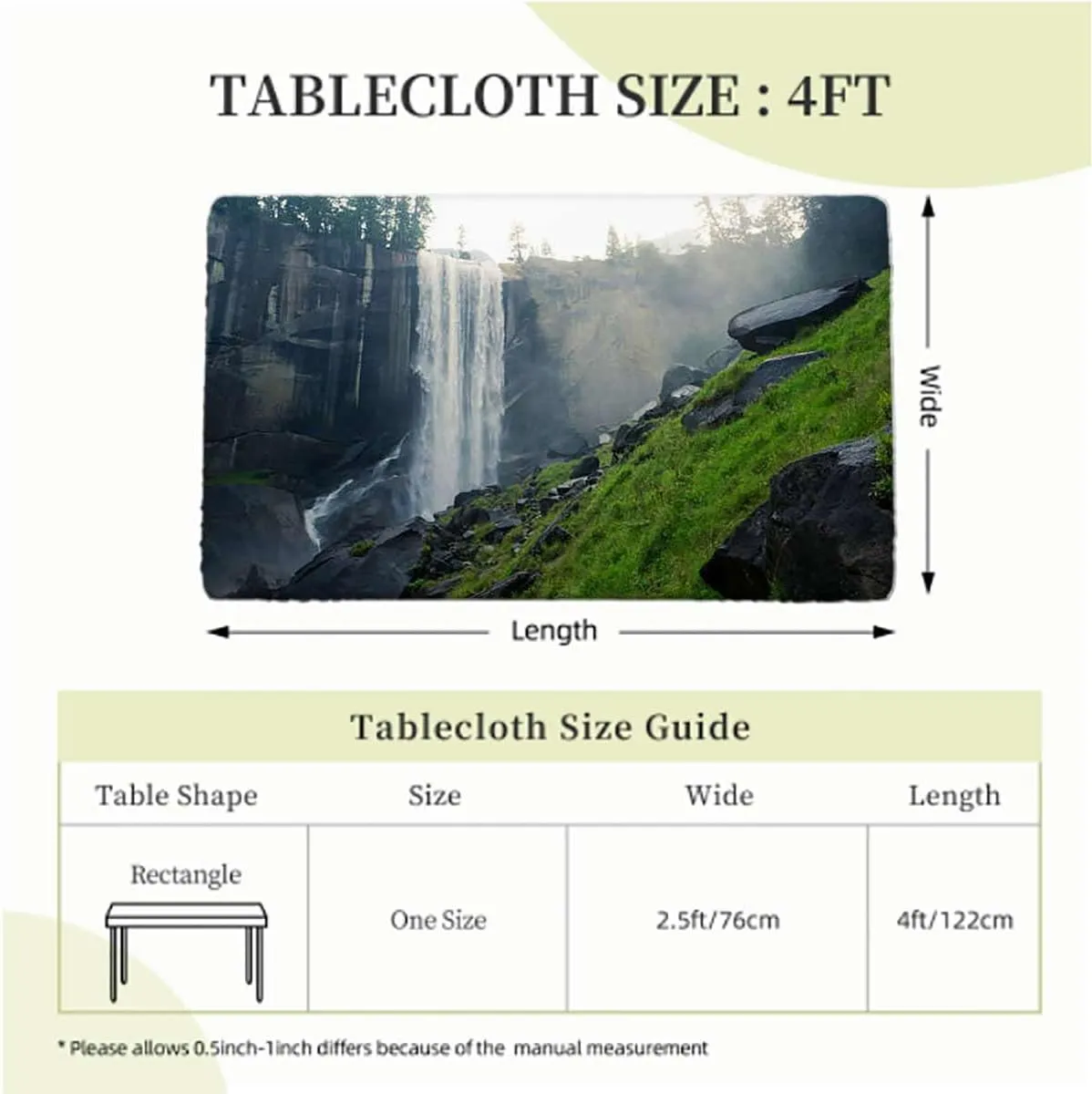 Green Fitted Tablecloth for Rectangle Table Park Alpine Forest Natural Scenic Rectangular Fitted Picnic Folding Table Cover Outdoor tablecloths Farm House Decor Fits up 4 Foot Tables