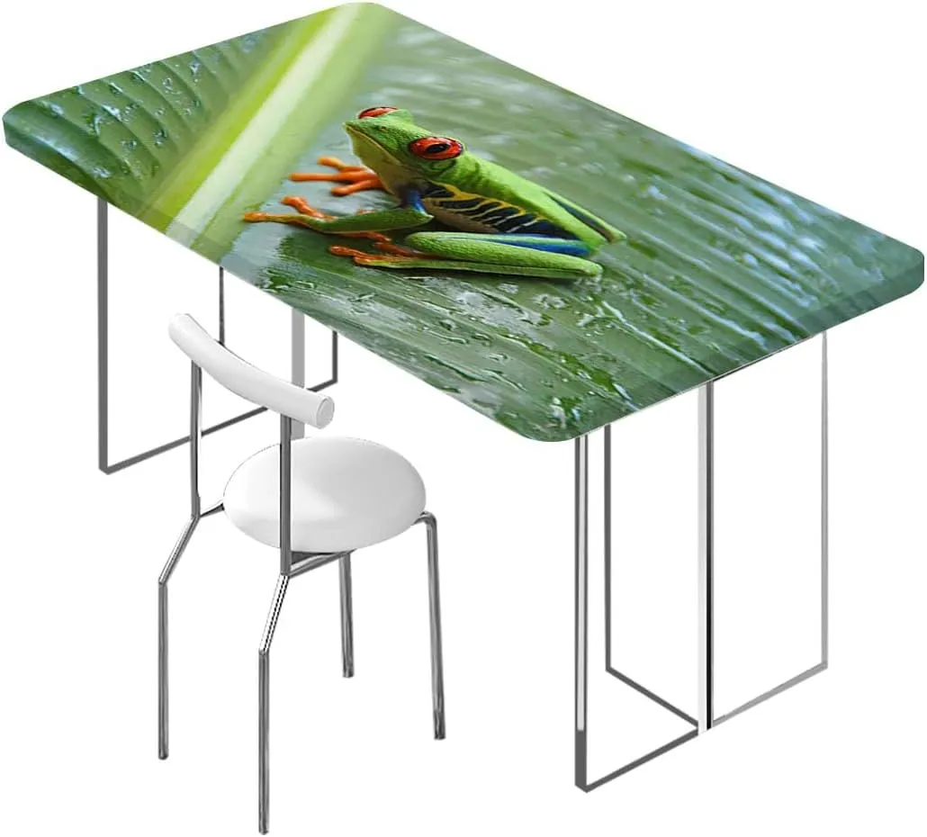 Green Fitted Tablecloth Red Eyed Tree Frog Rainforest Tropical Photo Protector with Elastic for Rectangle Picnic Tables, Washable Animal Fits up 5 Foot Tables