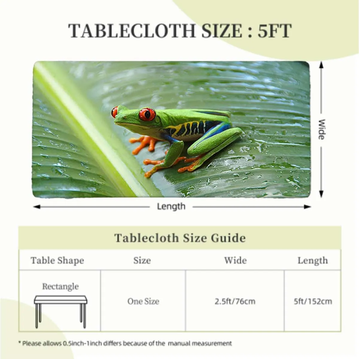 Green Fitted Tablecloth Red Eyed Tree Frog Rainforest Tropical Photo Protector with Elastic for Rectangle Picnic Tables, Washable Animal Fits up 5 Foot Tables