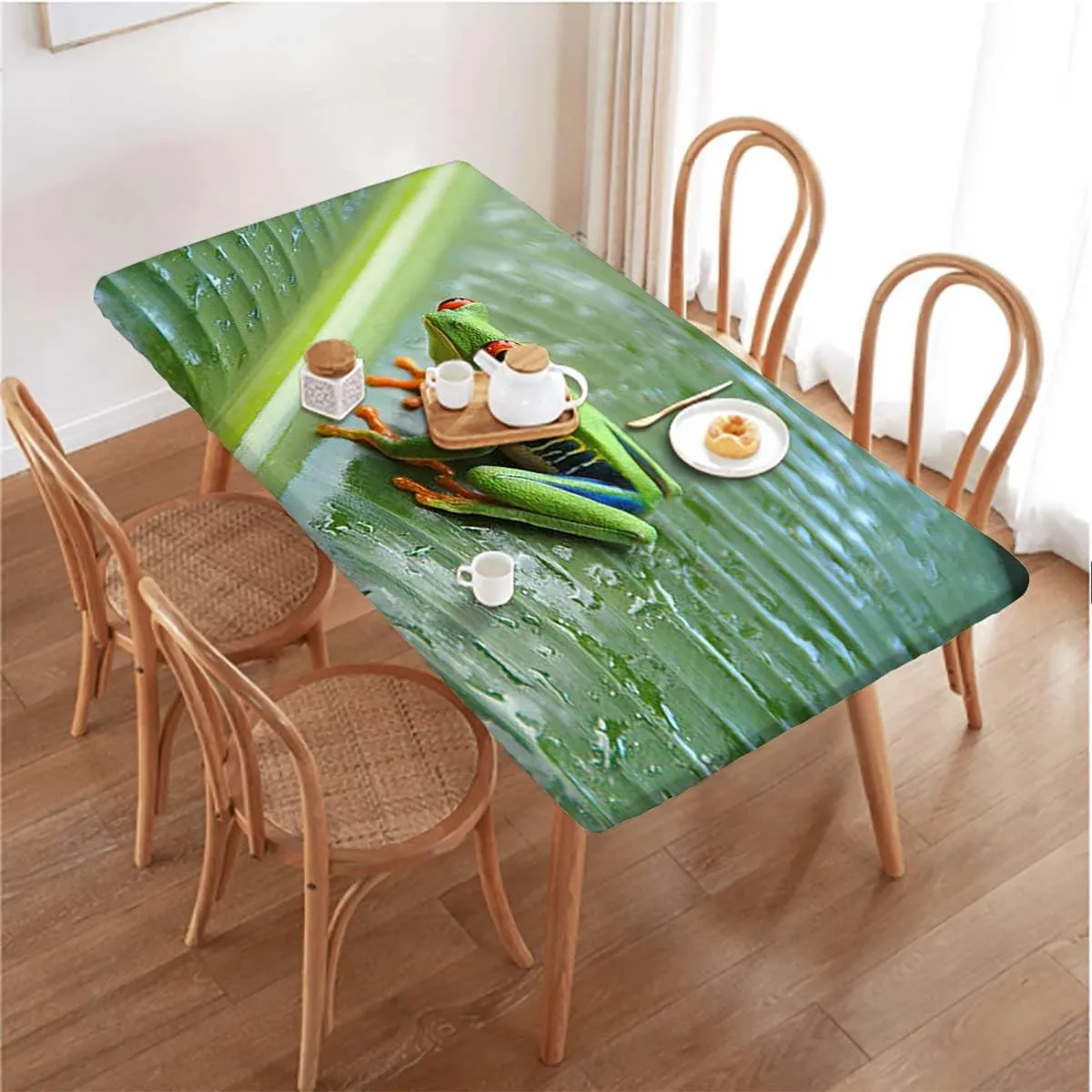 Green Fitted Tablecloth Red Eyed Tree Frog Rainforest Tropical Photo Protector with Elastic for Rectangle Picnic Tables, Washable Animal Fits up 5 Foot Tables