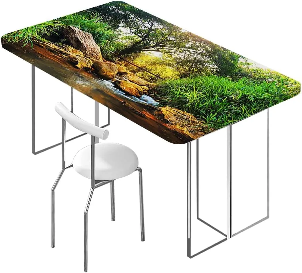Green Grey Brown Elastic Edge Fitted Tablecloth, Waterfall in Deep Forest Scenery Waterproof Tablecloths for Picnic, Camping, Indoor, Outdoor Landscape Fits up 5 Foot Tables