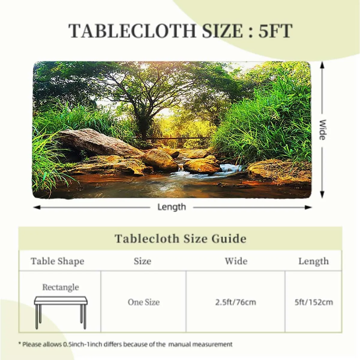 Green Grey Brown Elastic Edge Fitted Tablecloth, Waterfall in Deep Forest Scenery Waterproof Tablecloths for Picnic, Camping, Indoor, Outdoor Landscape Fits up 5 Foot Tables