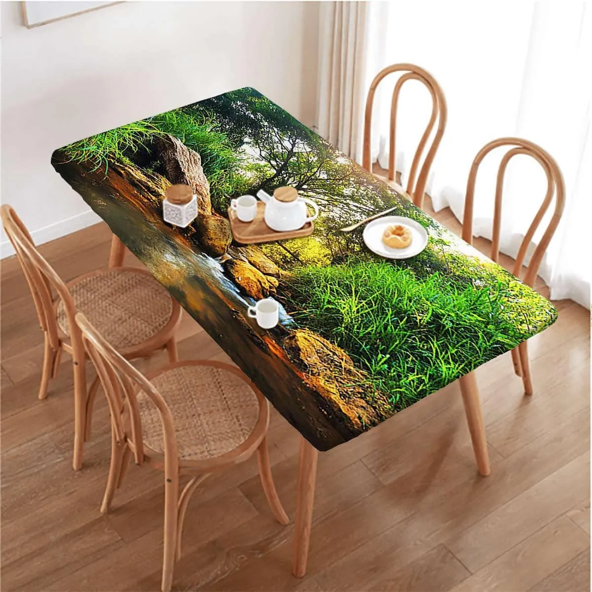 Green Grey Brown Elastic Edge Fitted Tablecloth, Waterfall in Deep Forest Scenery Waterproof Tablecloths for Picnic, Camping, Indoor, Outdoor Landscape Fits up 5 Foot Tables