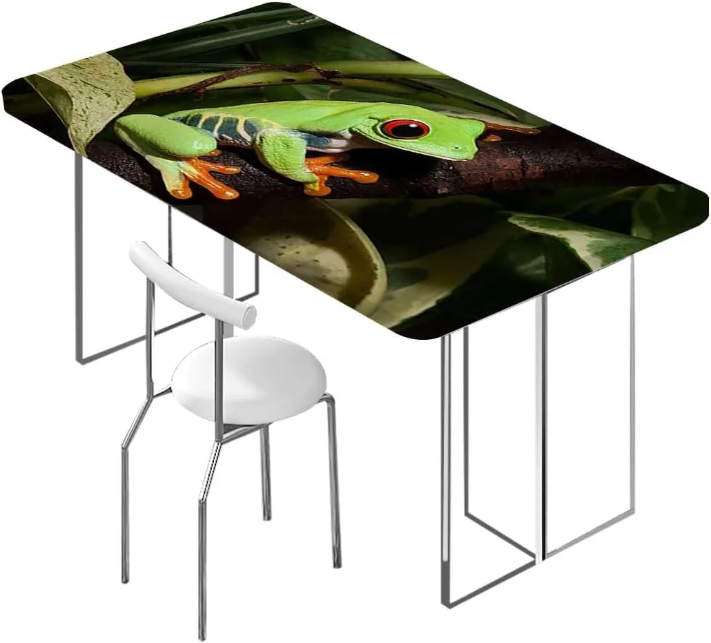 Green Rectangle Elastic Fitted Tablecloth Red Eyed Tree Frog Rainforest Tropical Photo Elastic Edge, Waterproof and wipeable Animal Fits up 5 Foot Tables