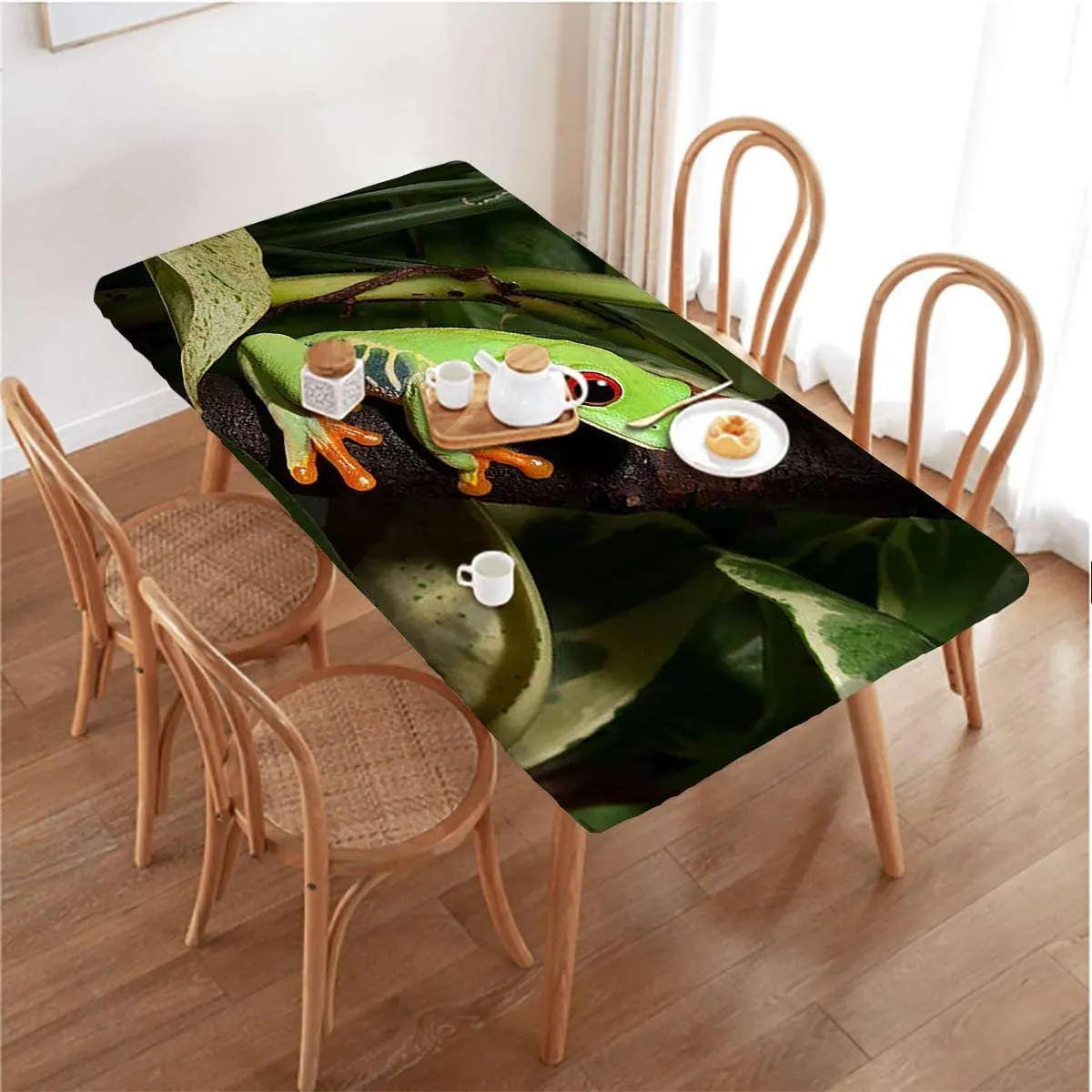 Green Rectangle Elastic Fitted Tablecloth Red Eyed Tree Frog Rainforest Tropical Photo Elastic Edge, Waterproof and wipeable Animal Fits up 5 Foot Tables