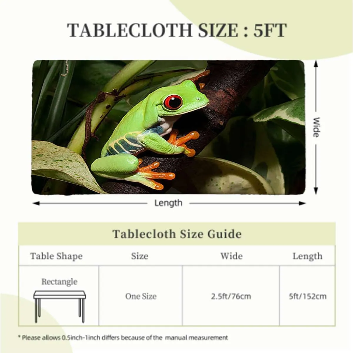 Green Rectangle Elastic Fitted Tablecloth Red Eyed Tree Frog Rainforest Tropical Photo Elastic Edge, Waterproof and wipeable Animal Fits up 5 Foot Tables