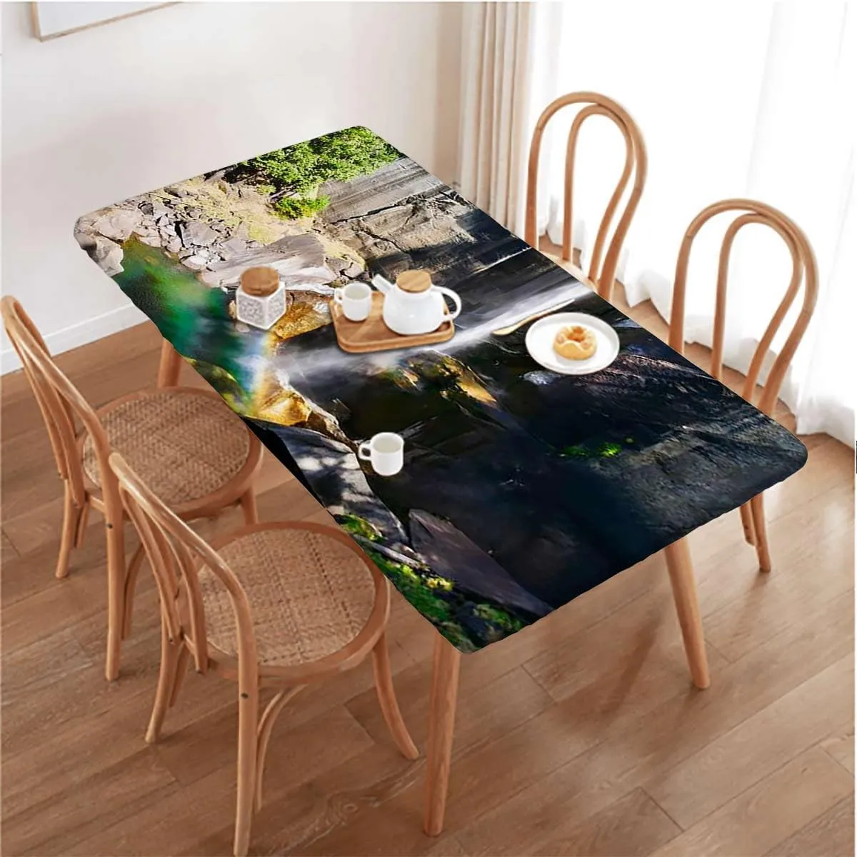 Green Tablecloth for Folding Table Park Alpine Forest Natural Scenic Elastic Edged Table Cover for Farm Kitchen Dining Picnic Coffee Patio Decor Farm House Decor Fits up 5 Foot Tables