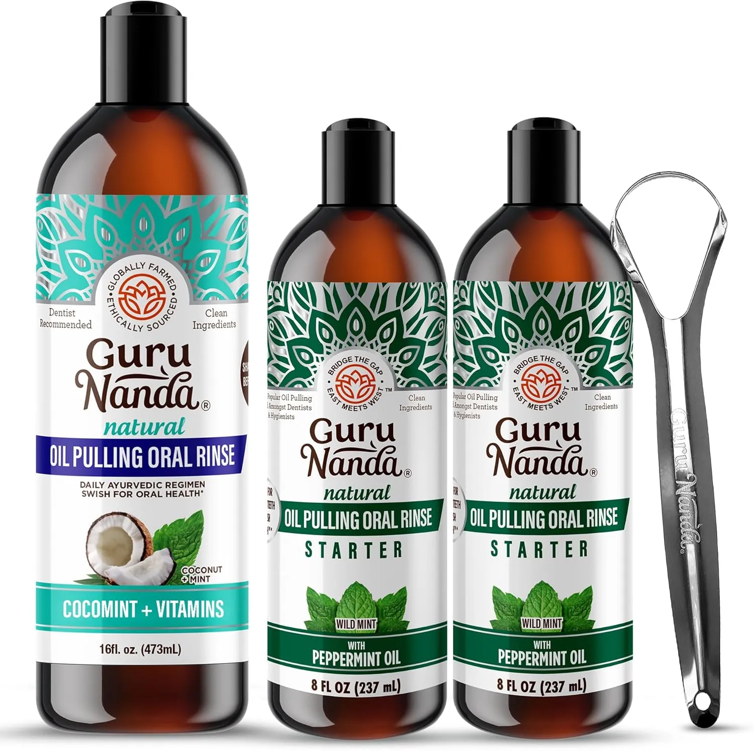 GuruNanda Ultimate Oil Pulling Bundle – Coconut & Peppermint Whitening Pulling Oil (2-Pack) & Cocomint Oil Pulling for a Happier, Brighter Smile