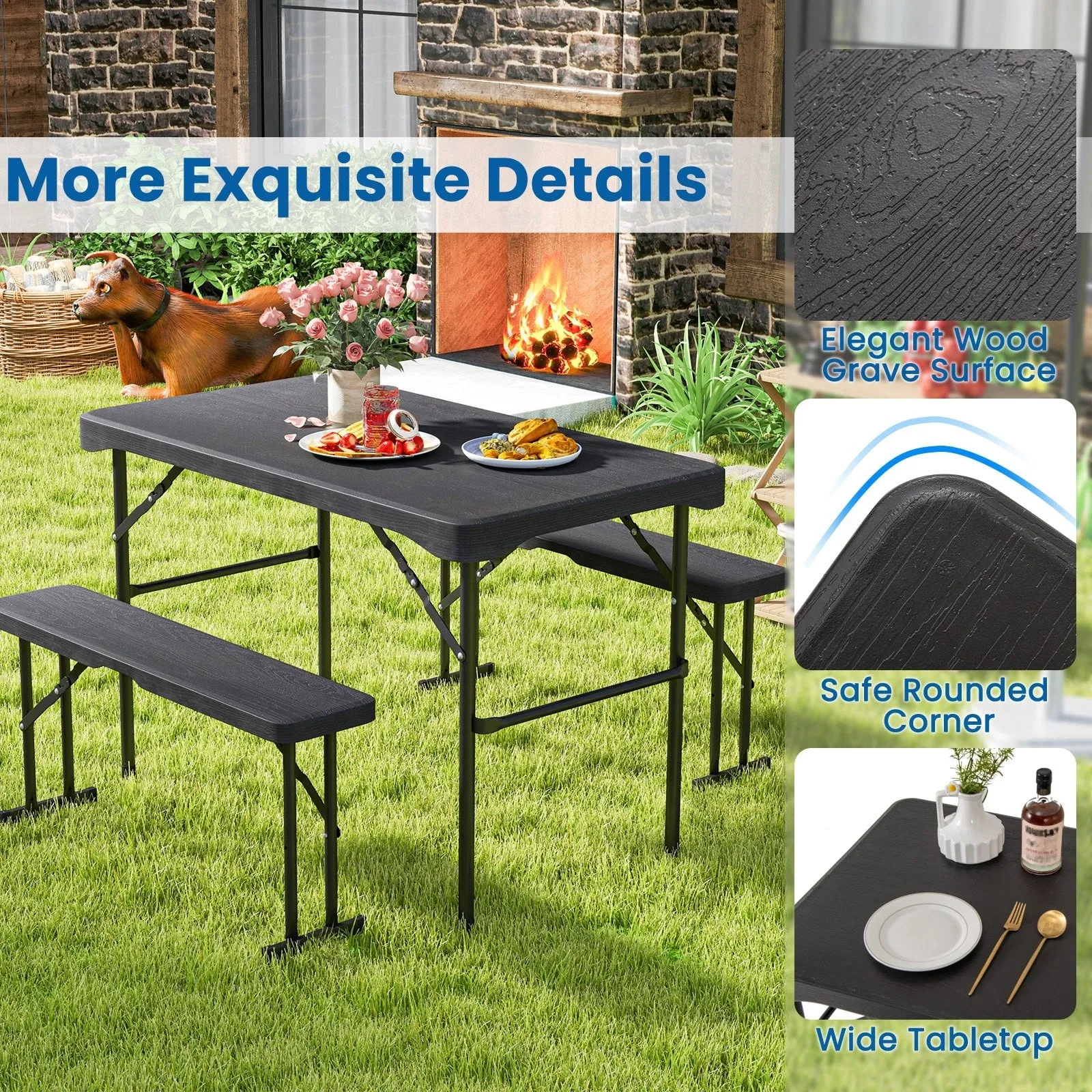 Gymax Outdoor Table Bench Set Folding Picnic Table Set w/ 2 Benches