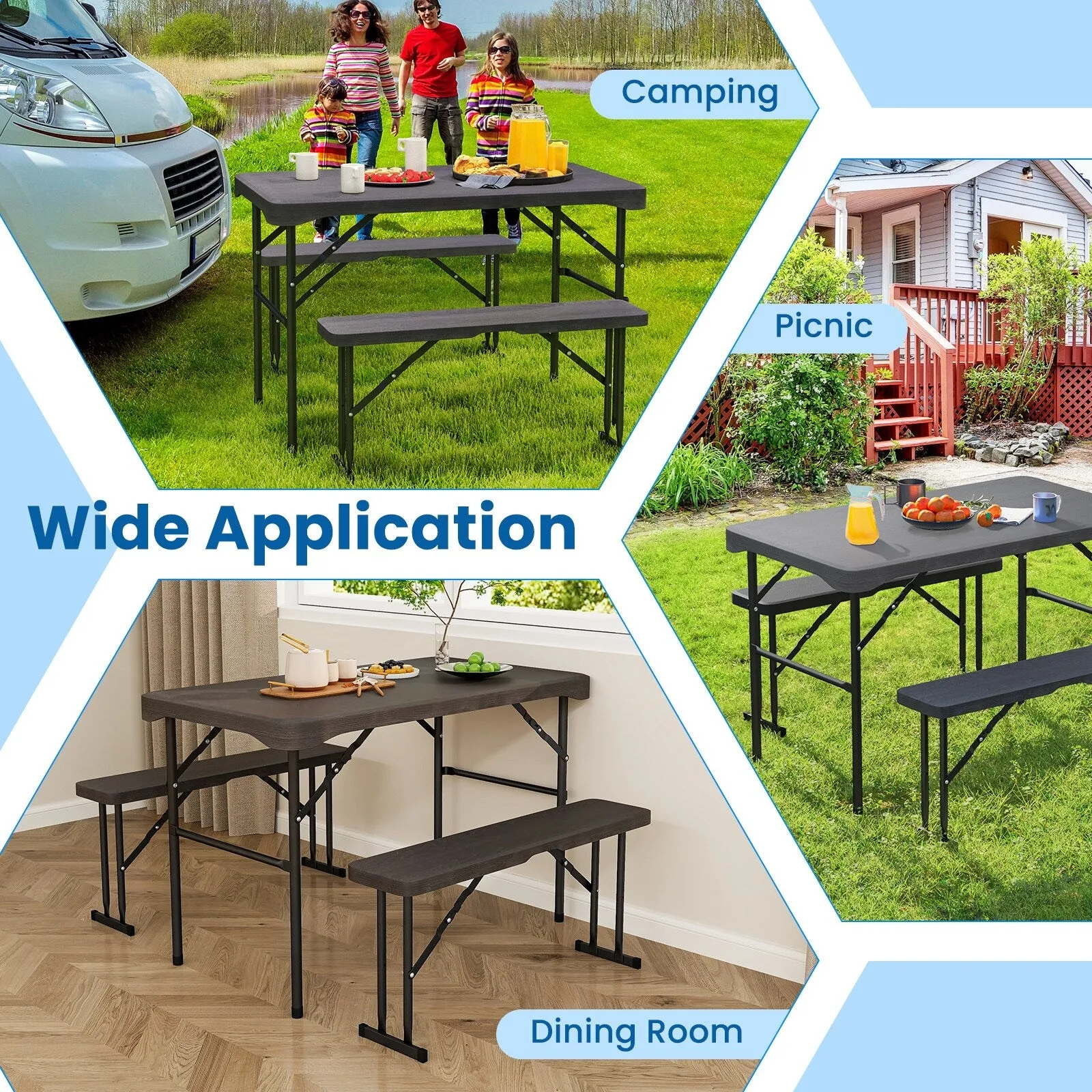 Gymax Outdoor Table Bench Set Folding Picnic Table Set w/ 2 Benches