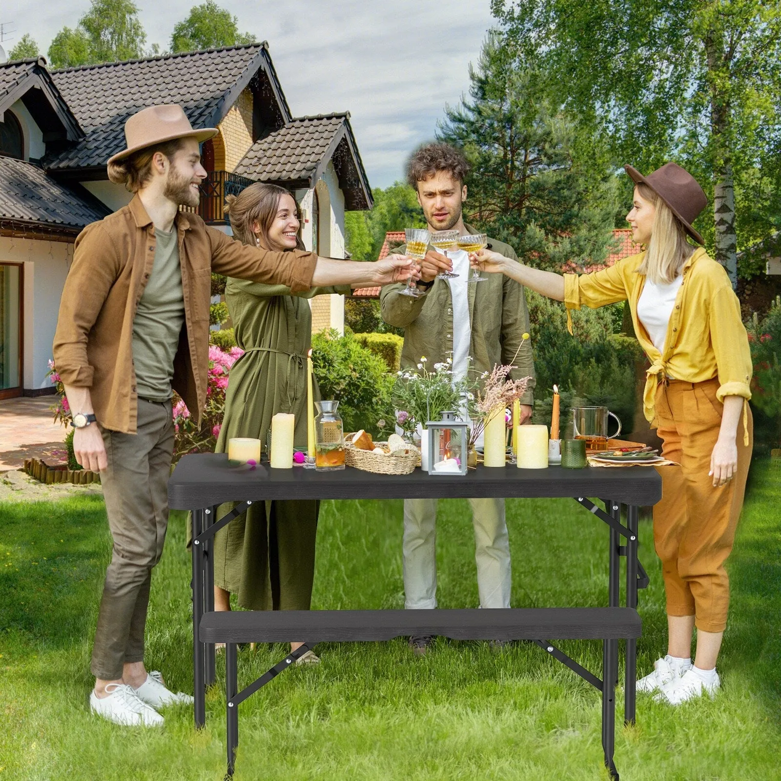 Gymax Outdoor Table Bench Set Folding Picnic Table Set w/ 2 Benches