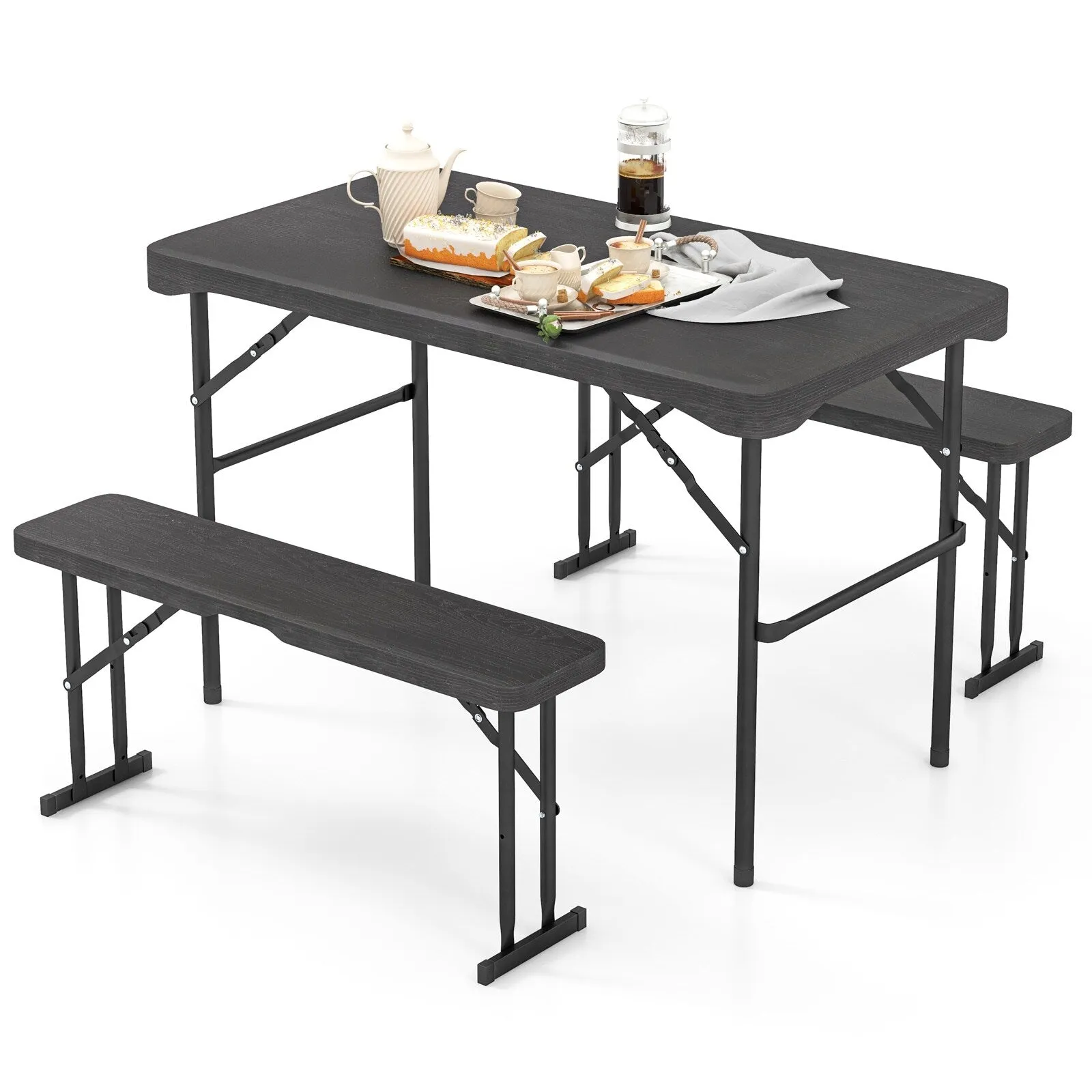 Gymax Outdoor Table Bench Set Folding Picnic Table Set w/ 2 Benches