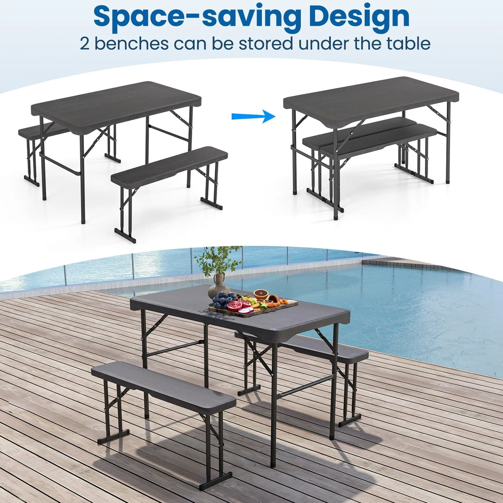 Gymax Outdoor Table Bench Set Folding Picnic Table Set w/ 2 Benches