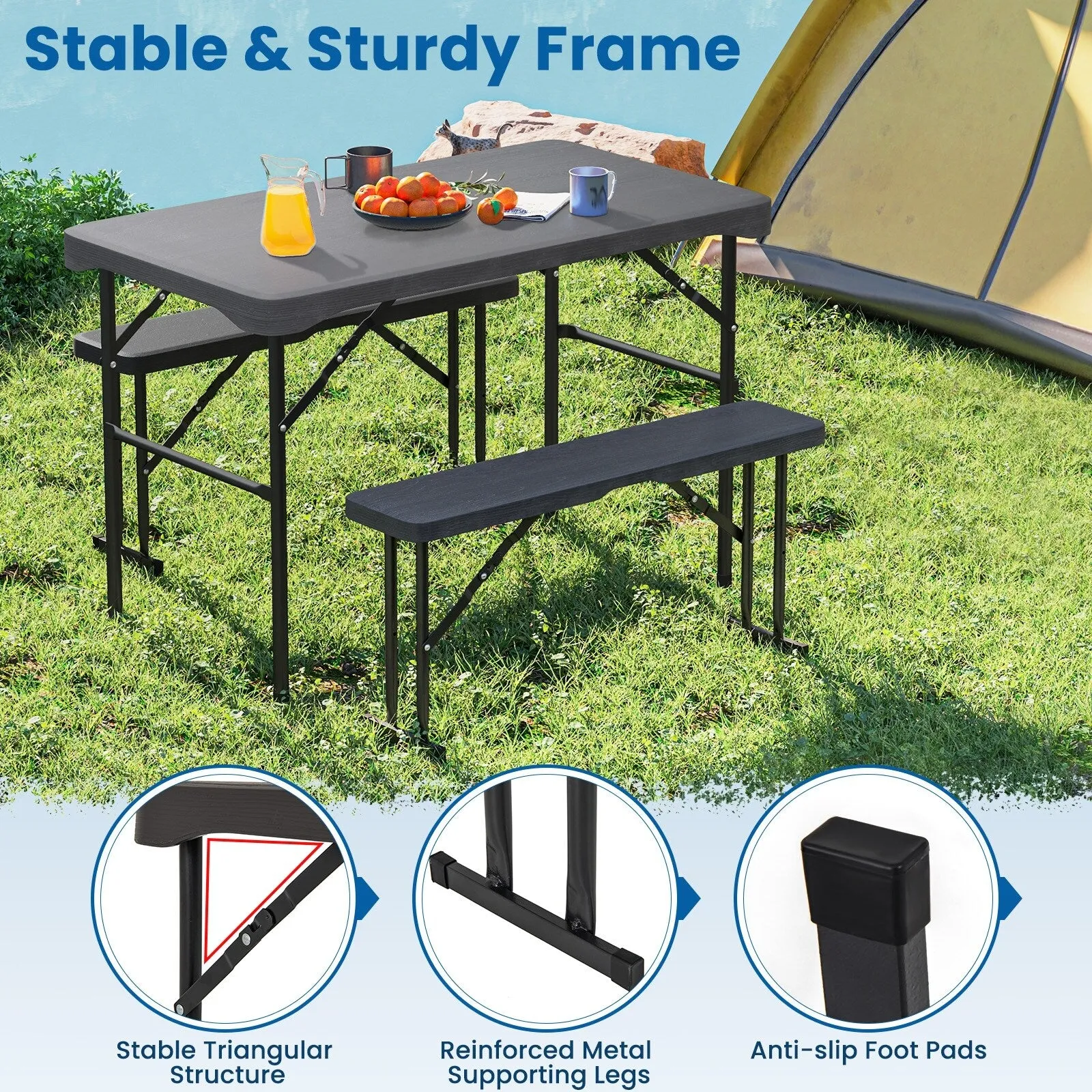 Gymax Outdoor Table Bench Set Folding Picnic Table Set w/ 2 Benches