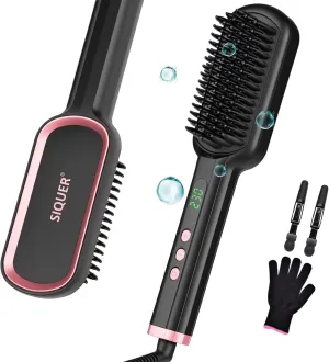 Hair Straightener Brush - SIQUER Ionic Hair Straightening Brush with 13 Temps LCD Display 45s Fast Heating 60mins Auto-Off Anti-Scald Ceramic Hair Straightener Comb for Home Salon, Black
