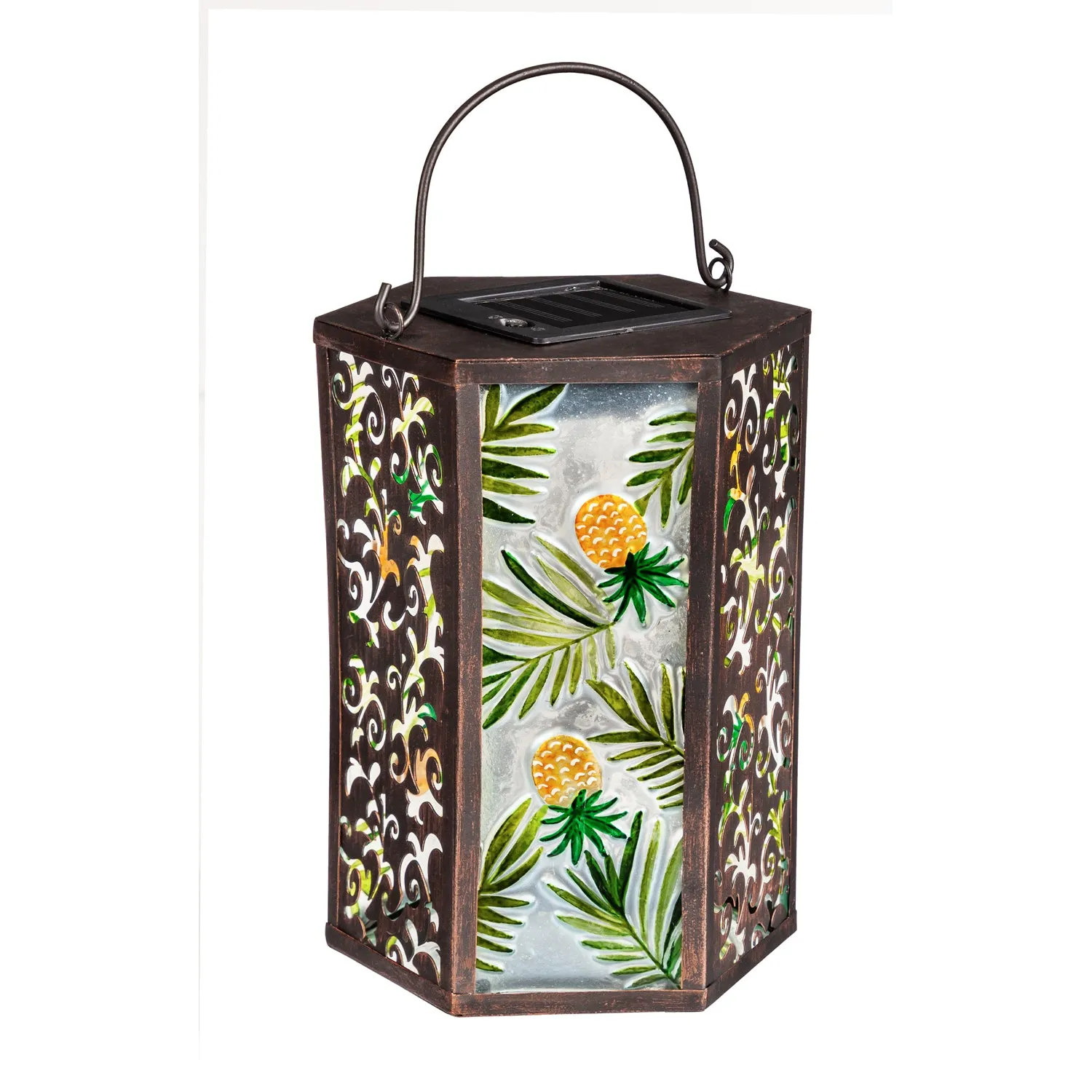 Handpainted Embossed Glass and Metal Solar Lantern, Tropical Pineapple,2sp6624