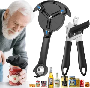Heavy Duty 2pcs Jar Lid Opener & Can Opener 9 in 1, Non-Slip Grip for Seniors, Kitchen Tools Effortless Multi for Weak Hands & Metal Smooth Edge,Open Any Size Jar & Bottle